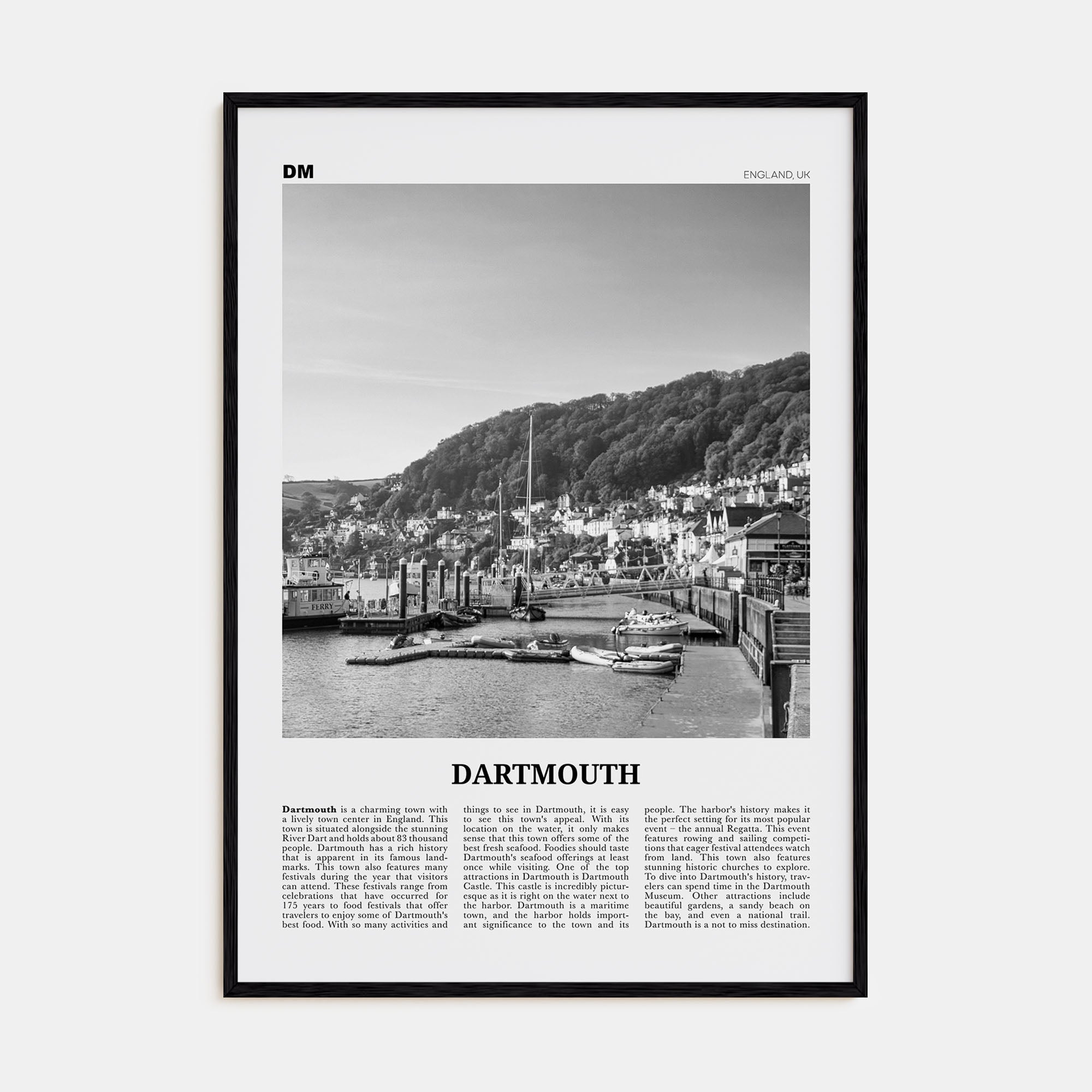 Dartmouth, England Travel B&W Poster