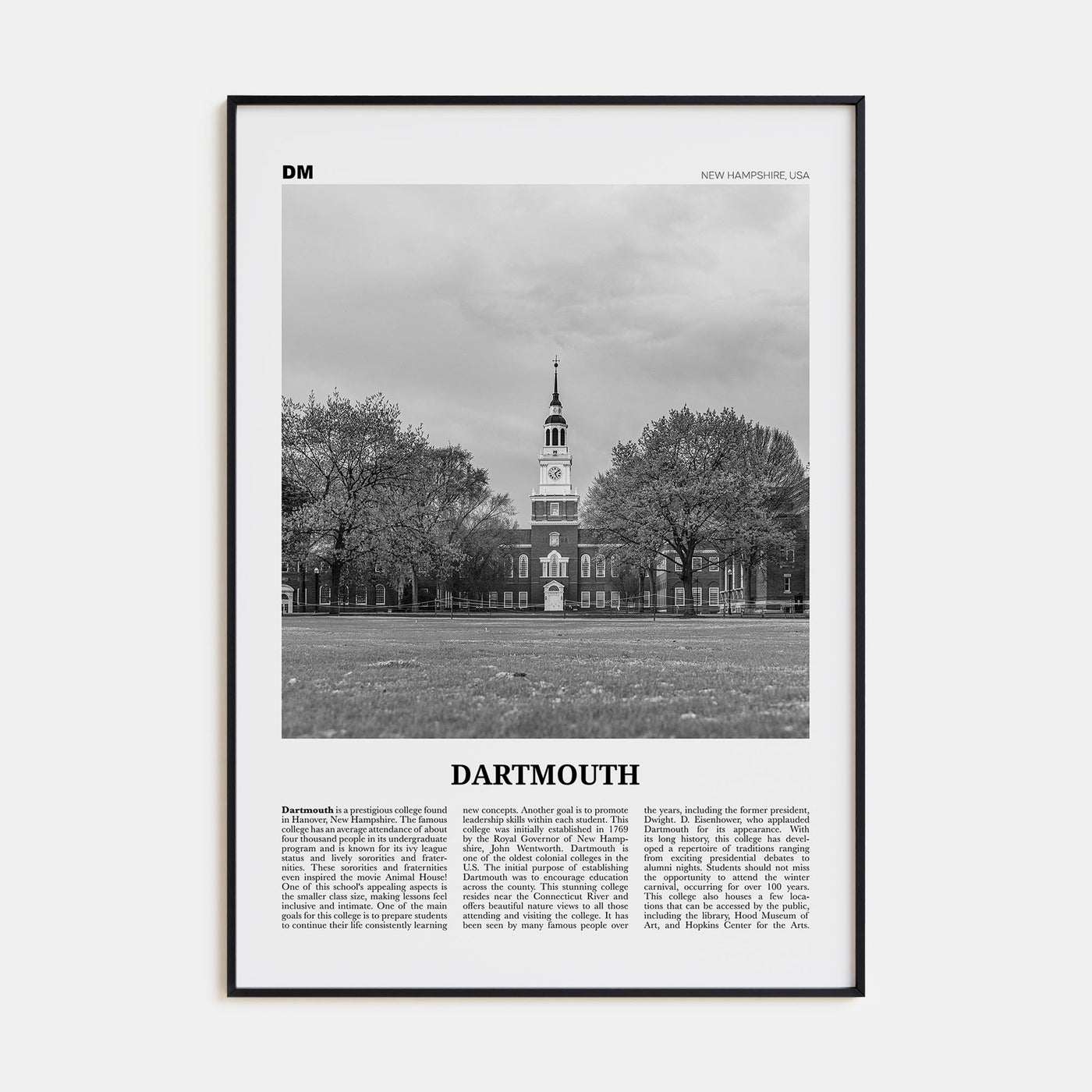 Dartmouth, New Hampshire Travel B&W Poster