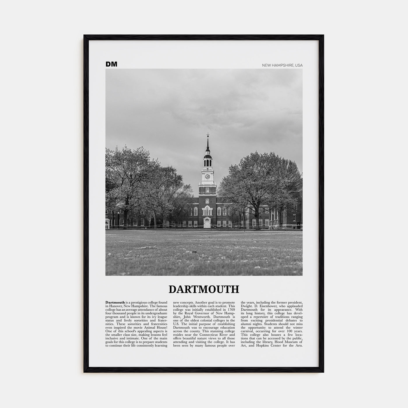 Dartmouth, New Hampshire Travel B&W Poster