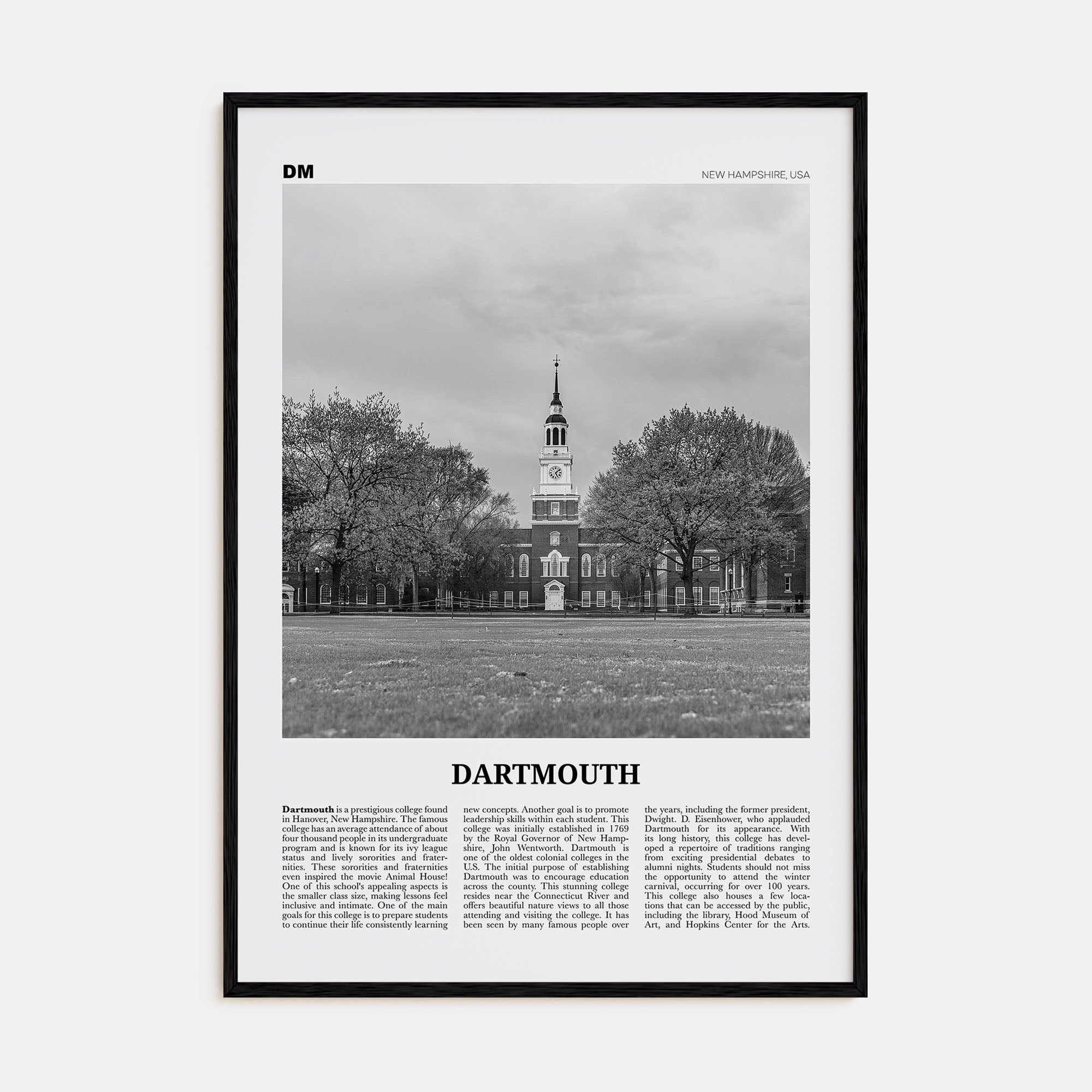 Dartmouth, New Hampshire Travel B&W Poster