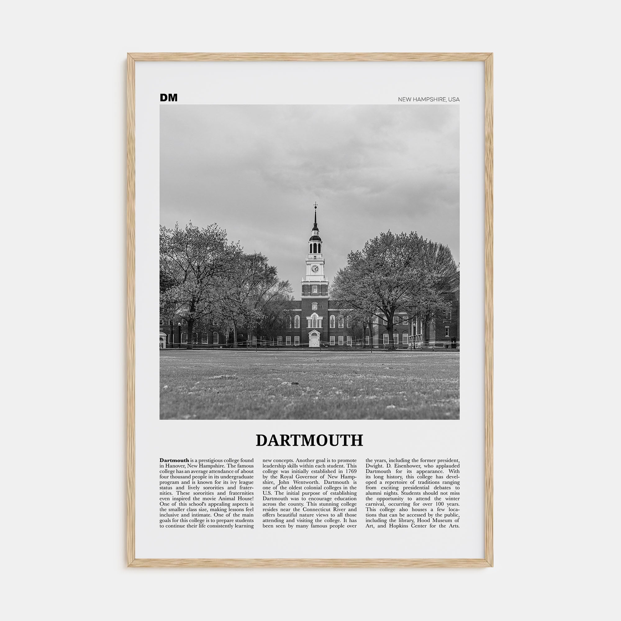 Dartmouth, New Hampshire Travel B&W Poster