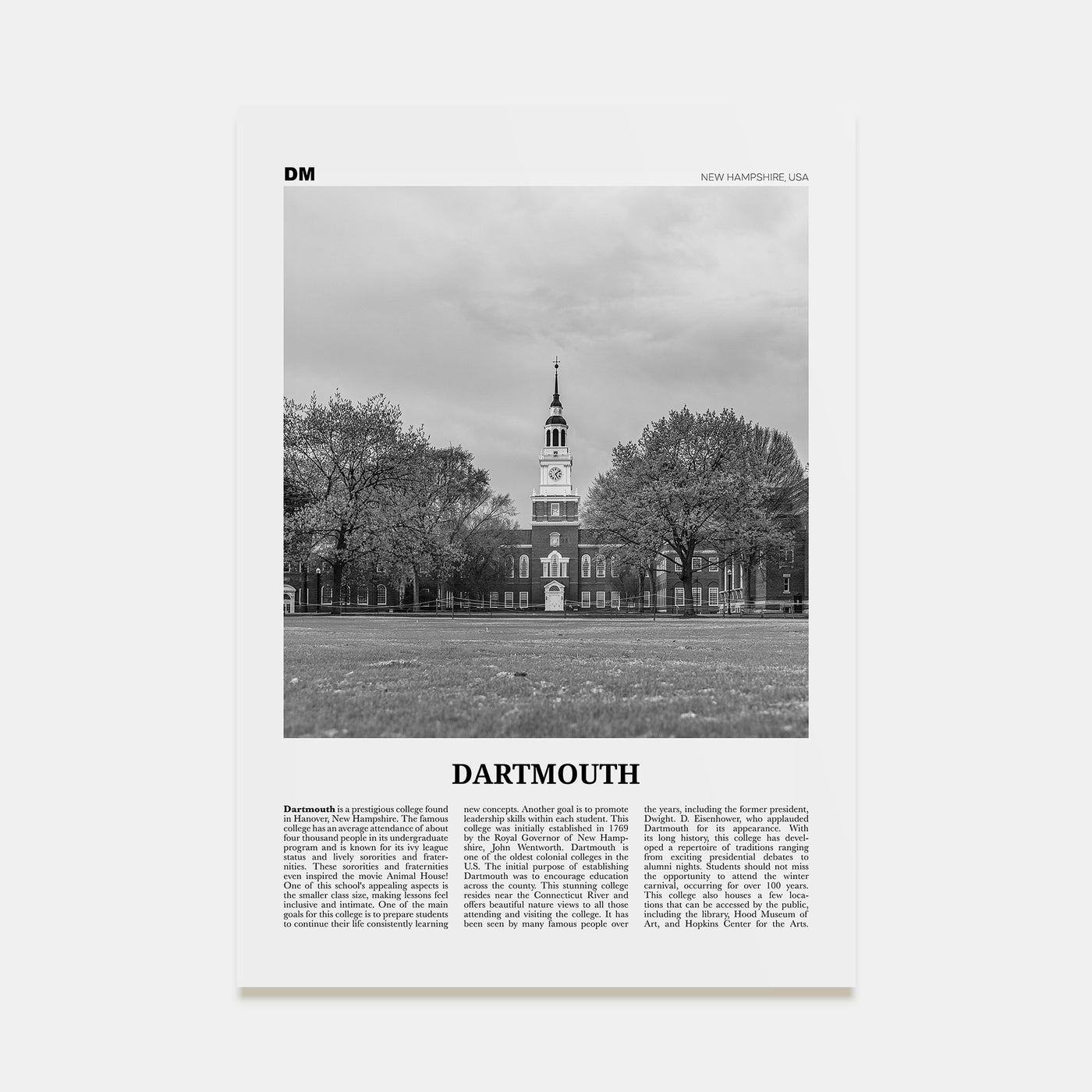 Dartmouth, New Hampshire Travel B&W Poster