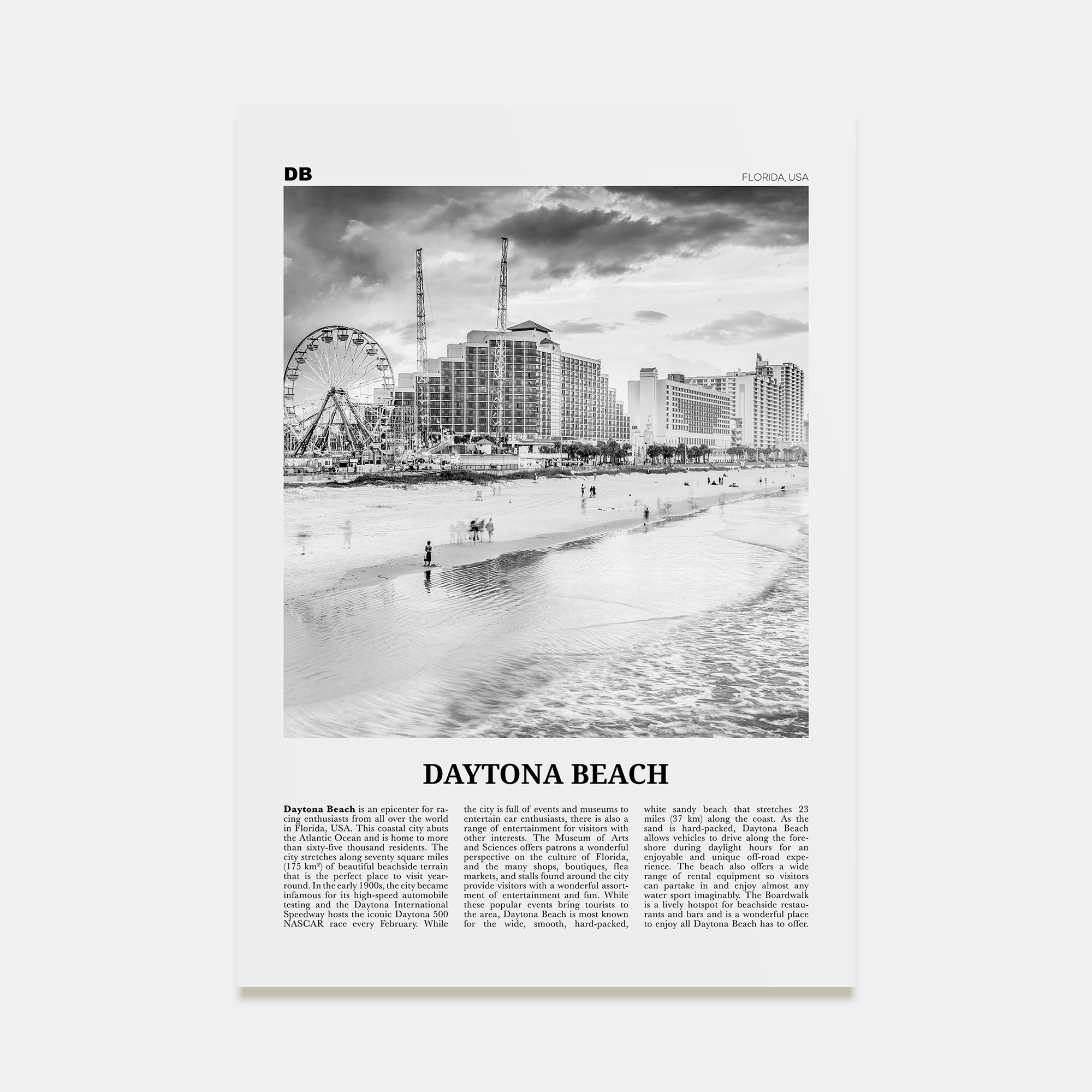 Daytona Beach Travel B&W Poster