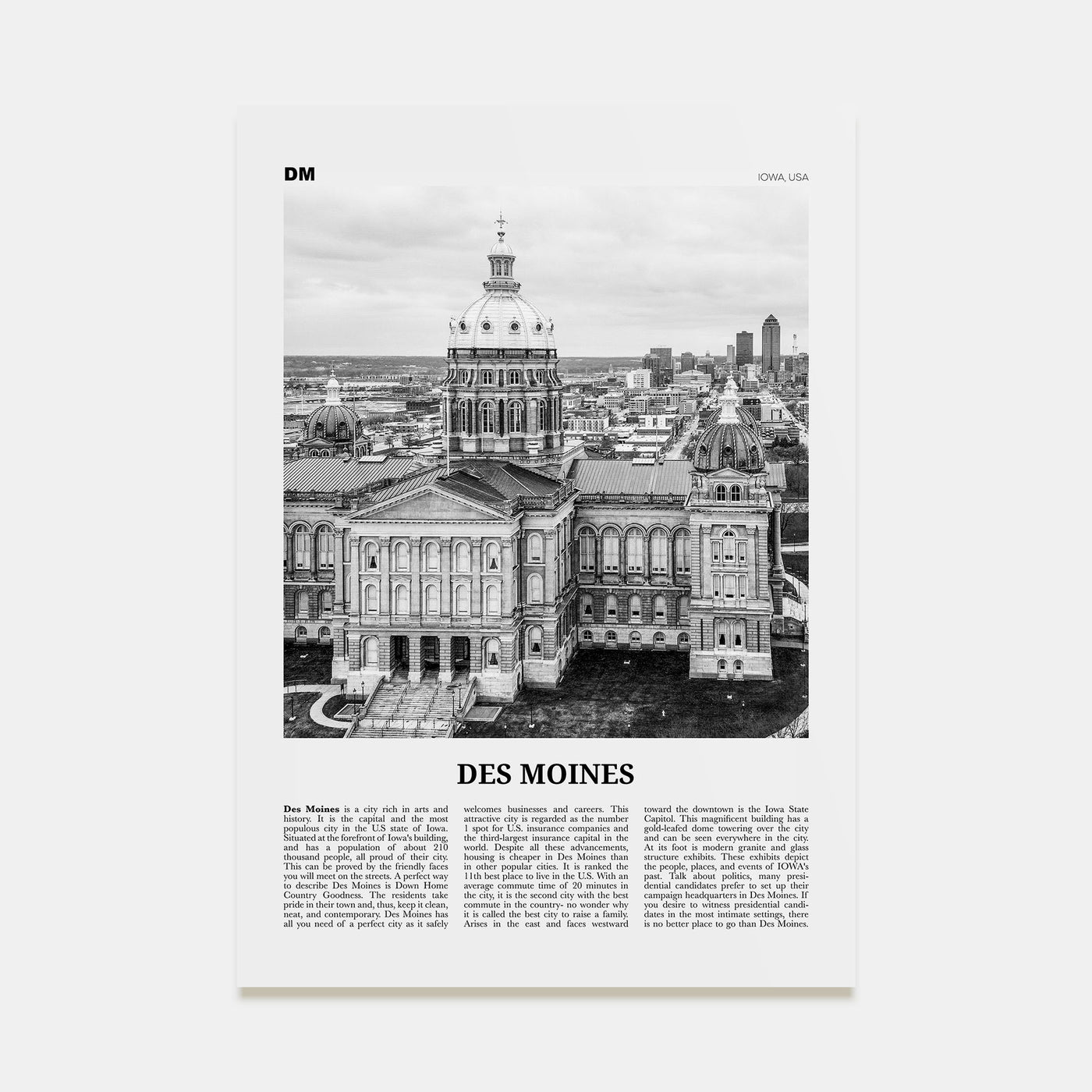 Des Moines Travel B&W No 2 Poster