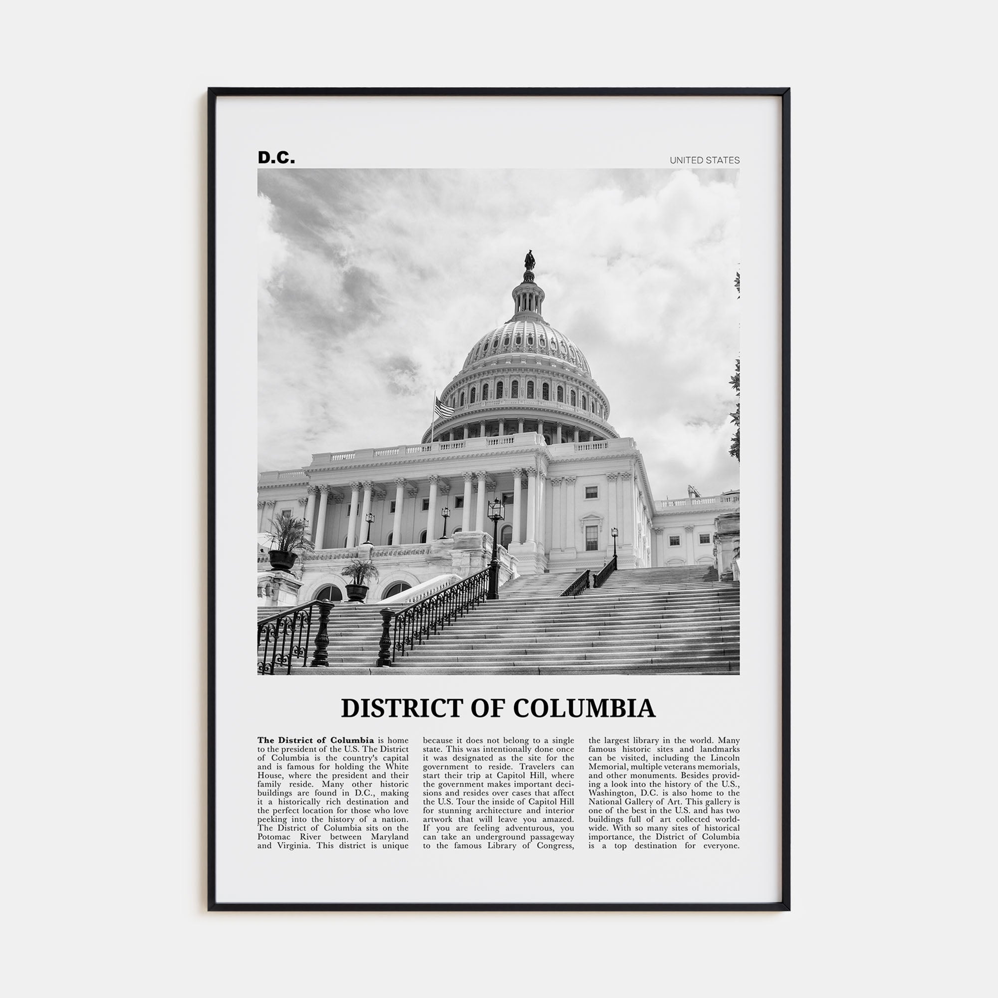 District of Columbia Travel B&W Poster