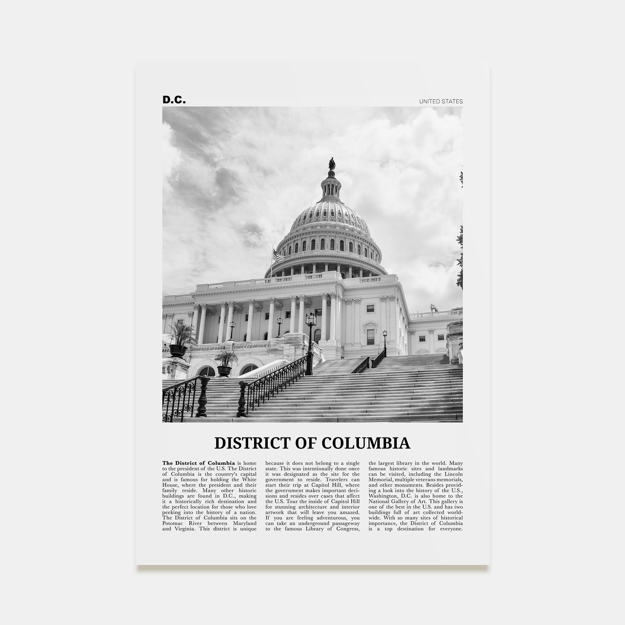 District of Columbia Travel B&W Poster