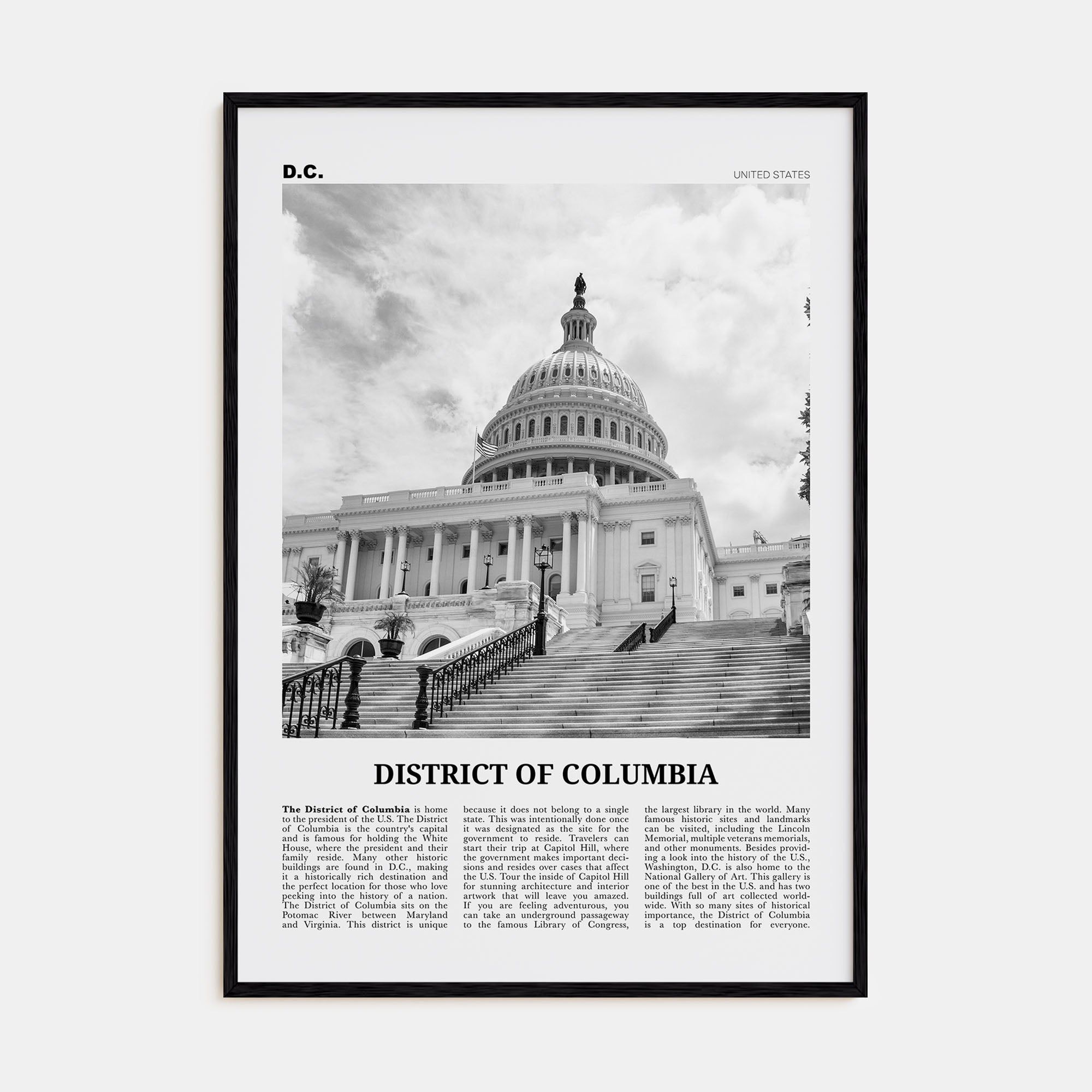 District of Columbia Travel B&W Poster