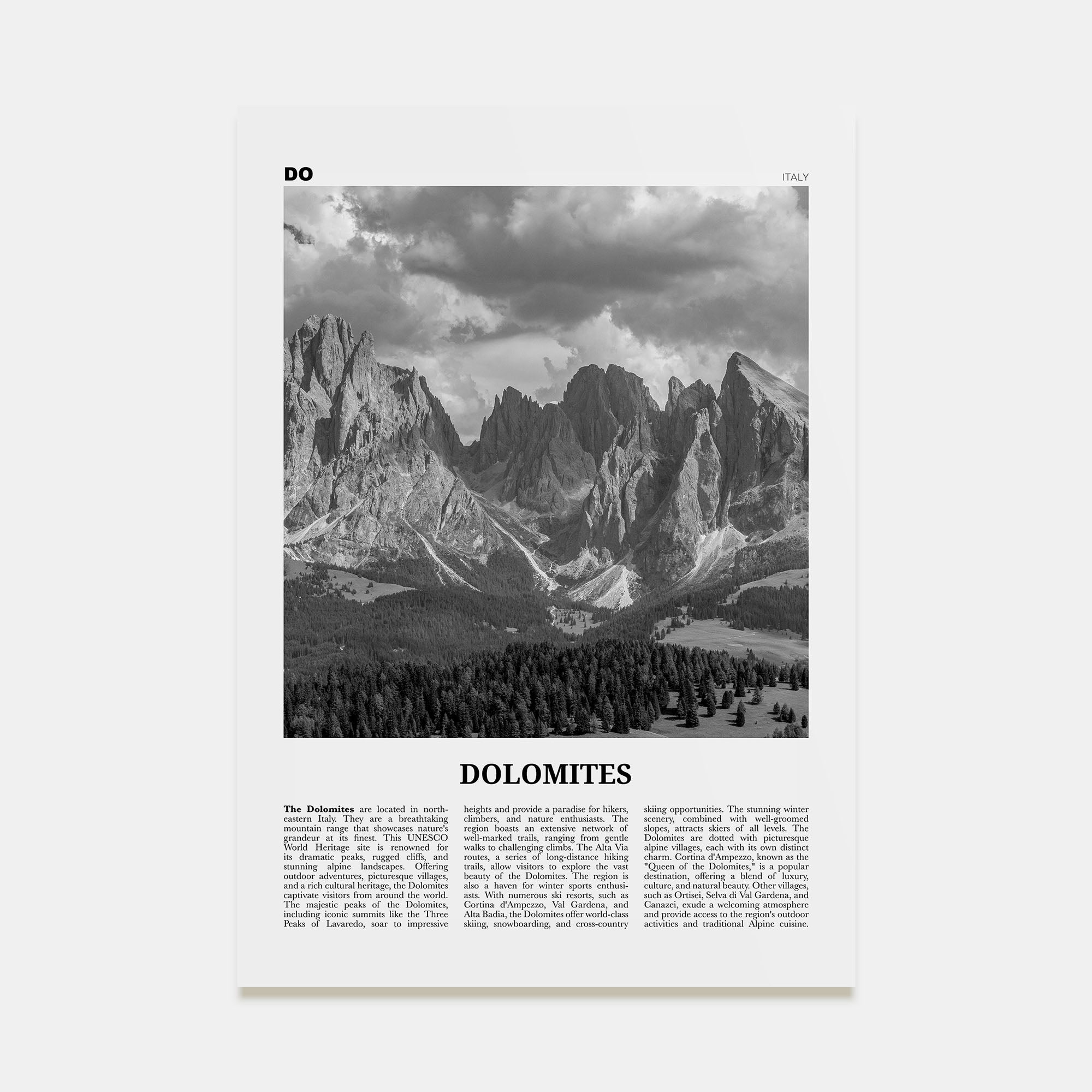 Dolomites Travel B&W Poster