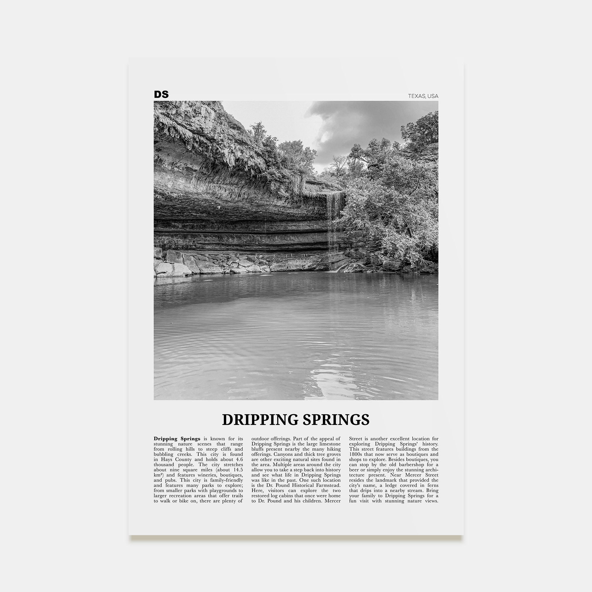 Dripping Springs Travel B&W Poster