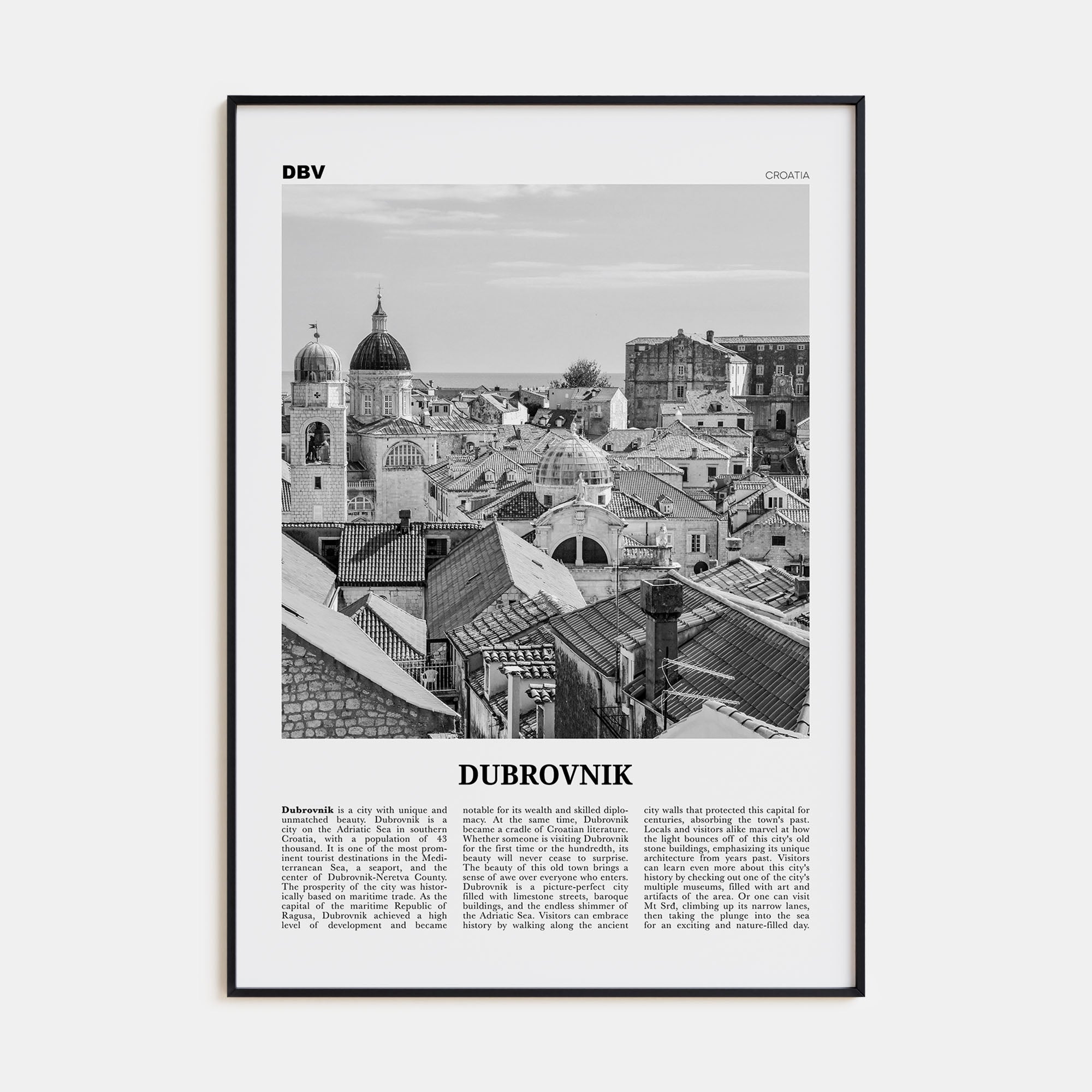 Dubrovnik Travel B&W Poster