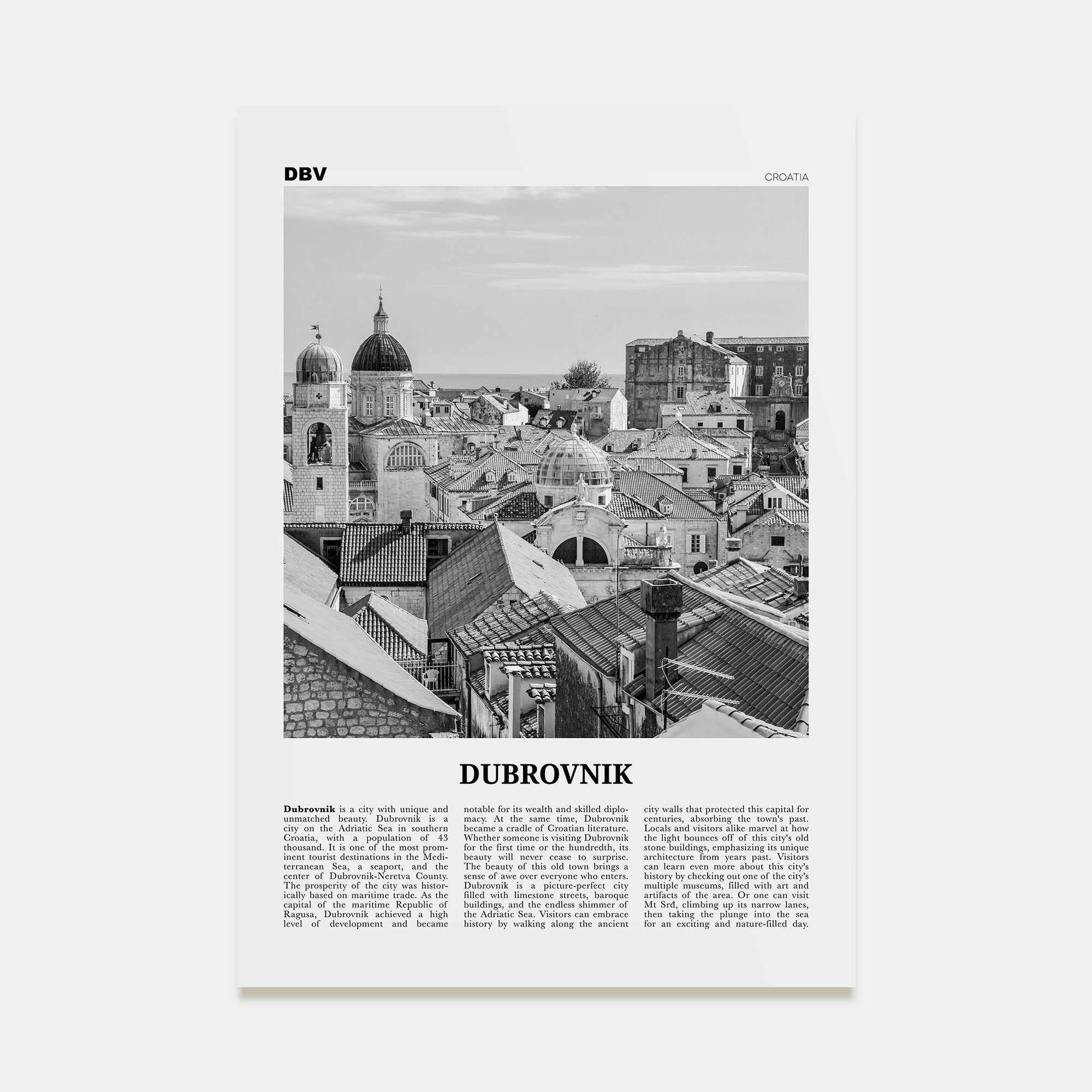 Dubrovnik Travel B&W Poster