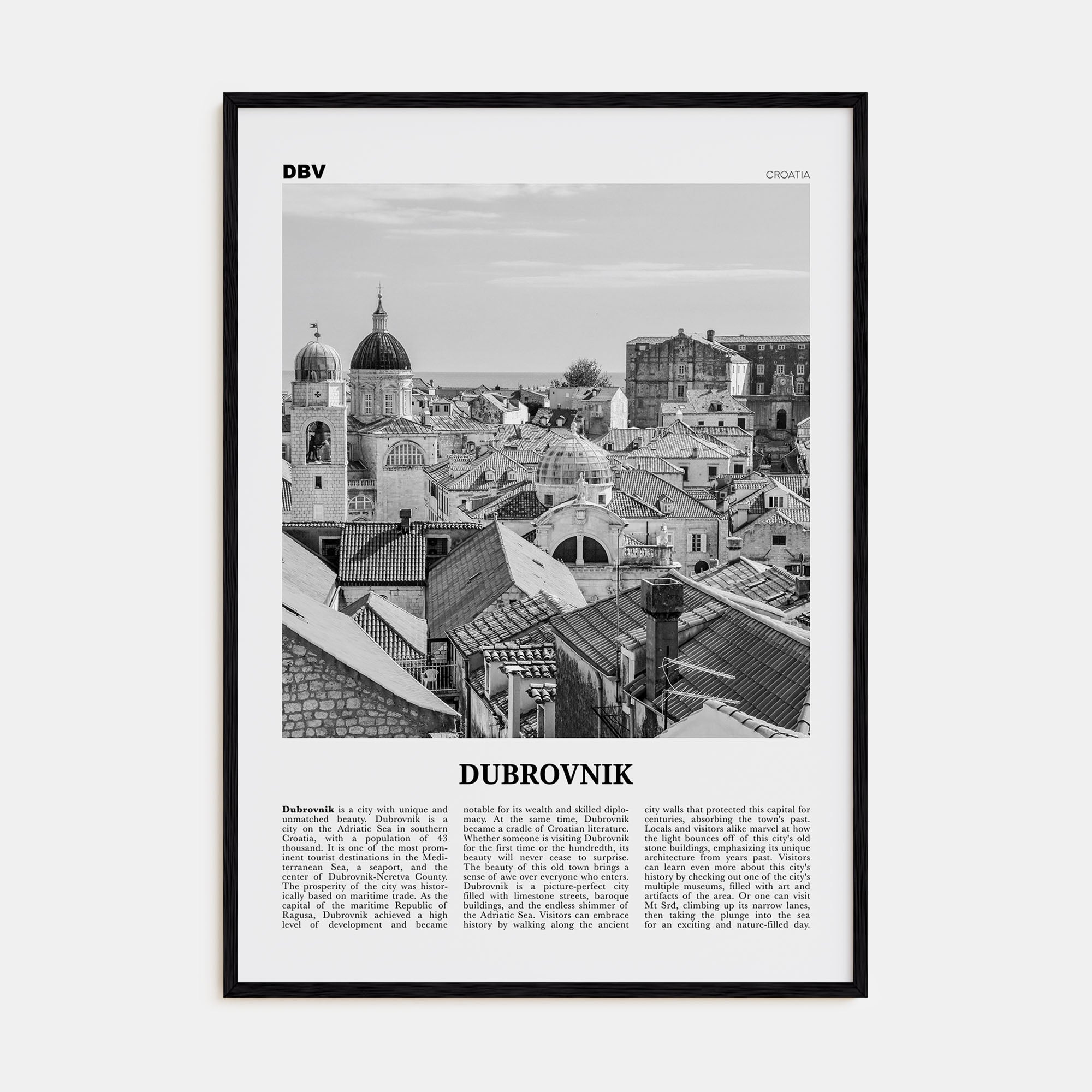 Dubrovnik Travel B&W Poster