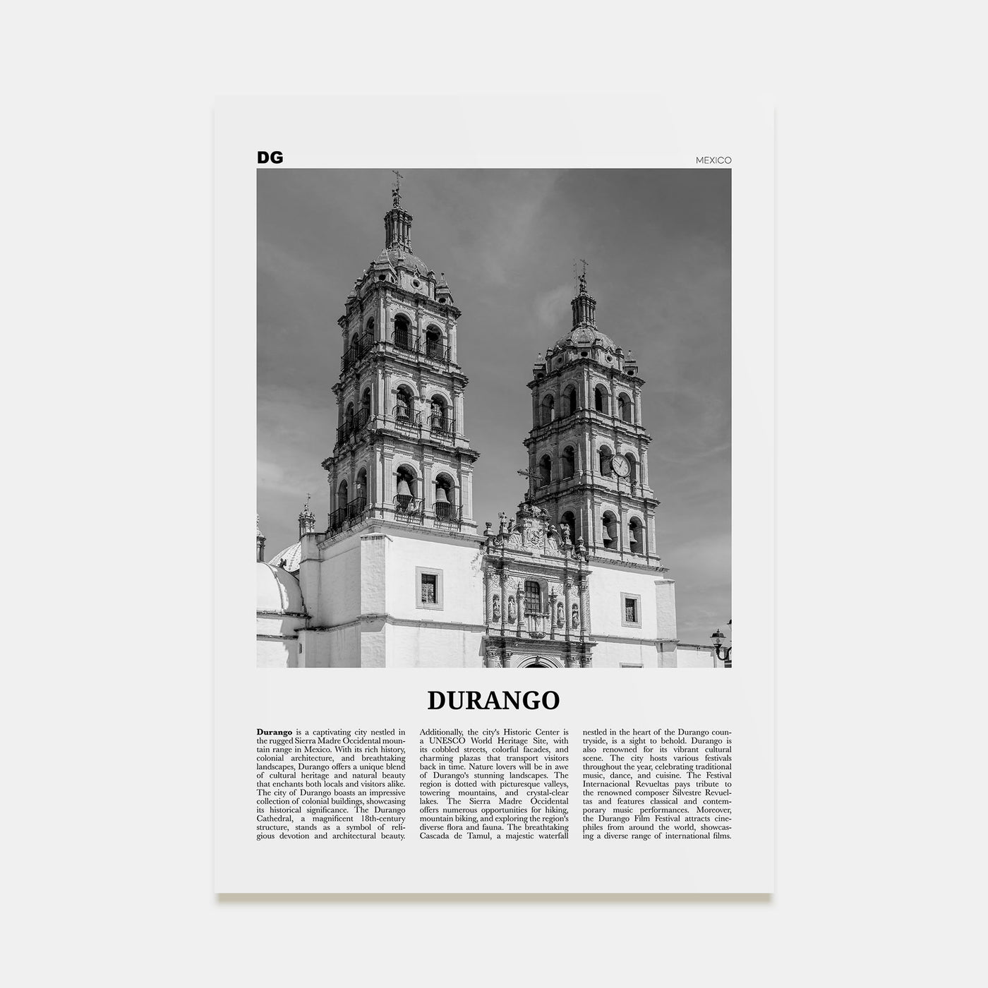 Durango, Mexico Travel B&W Poster