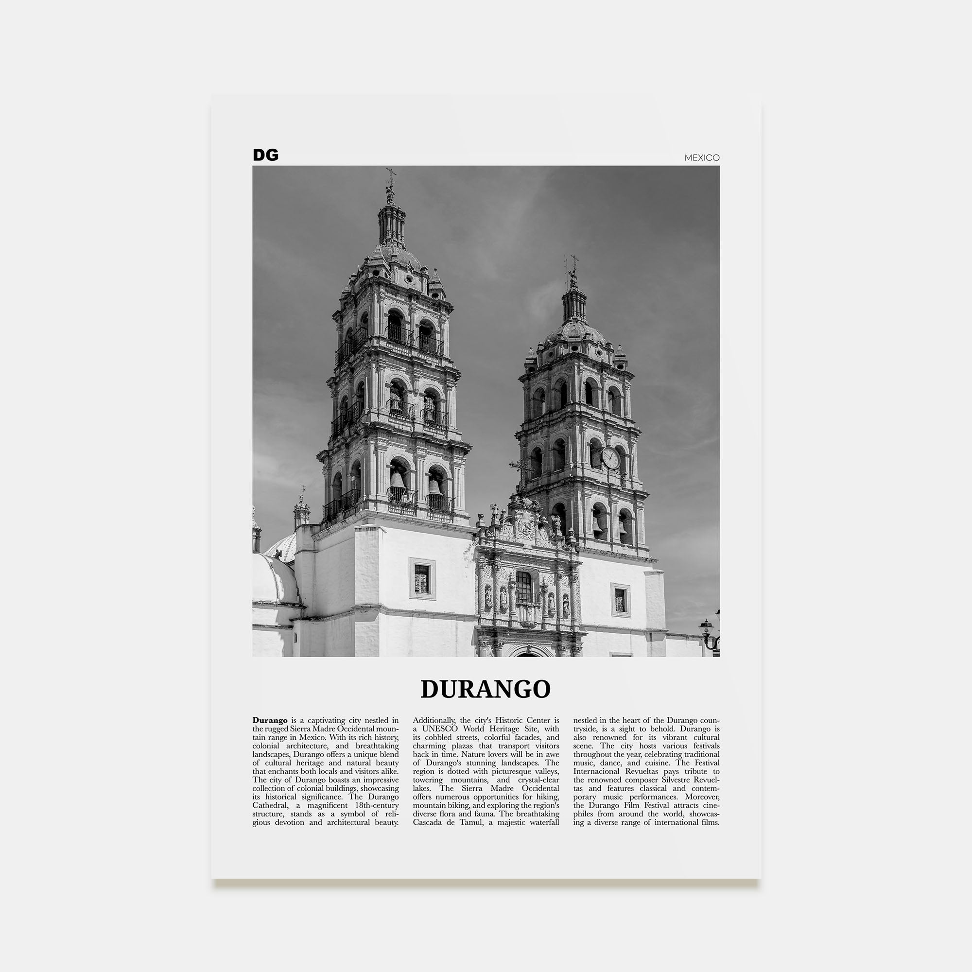 Durango, Mexico Travel B&W Poster