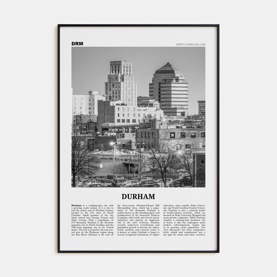 Durham, North Carolina Travel B&W Poster