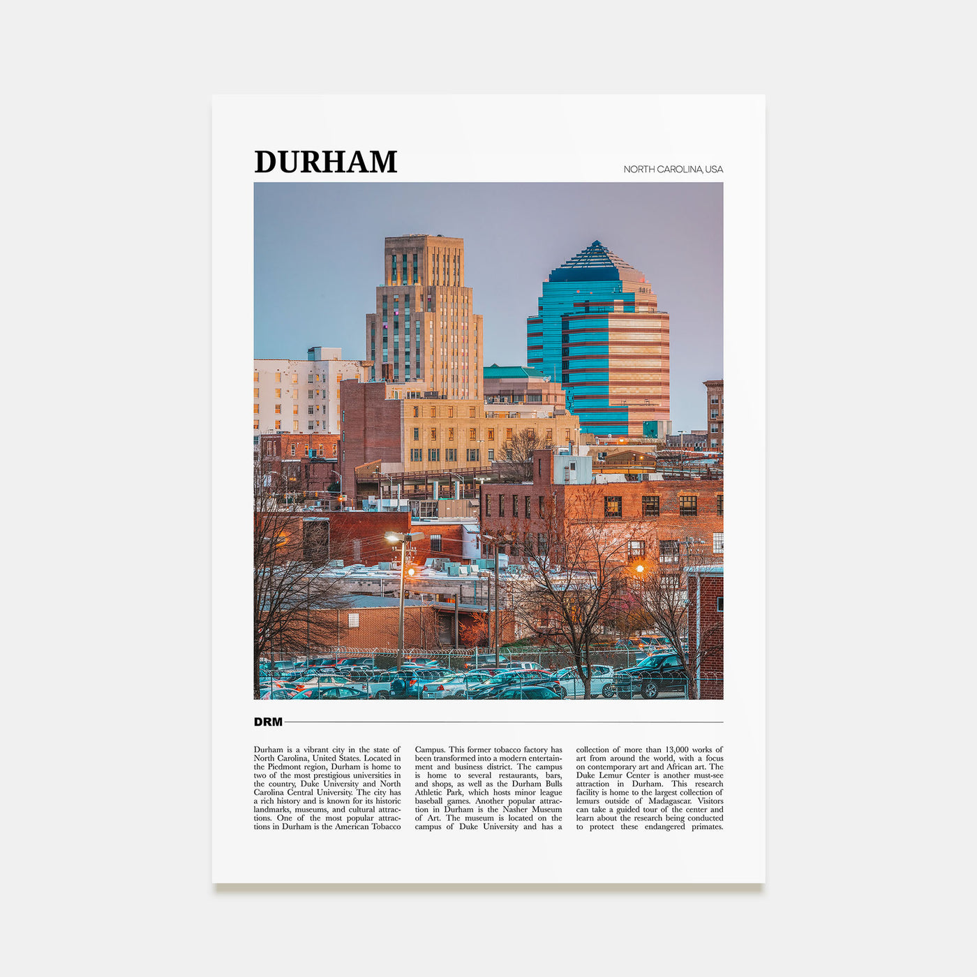 Durham, North Carolina Travel Color Poster