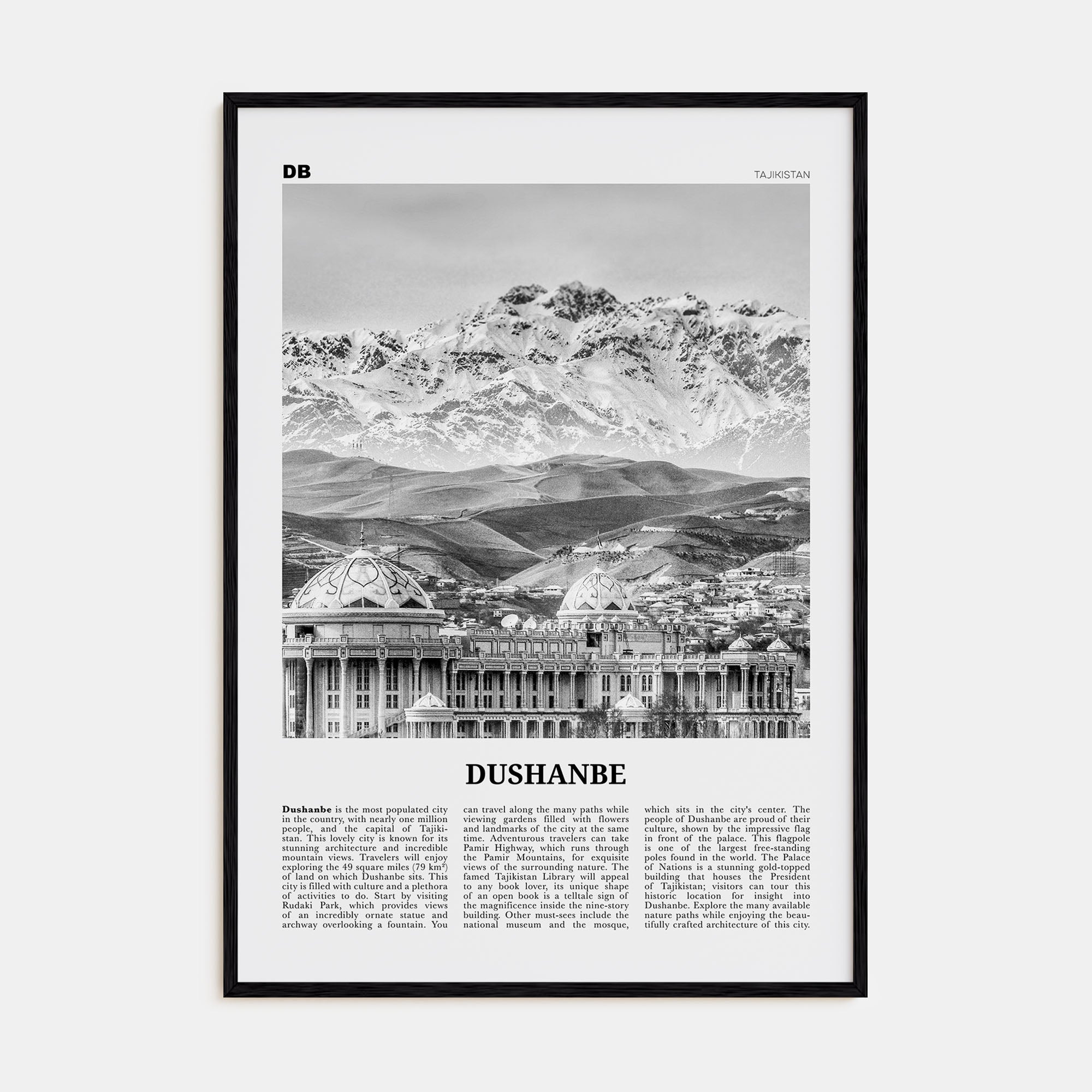 Dushanbe Travel B&W Poster