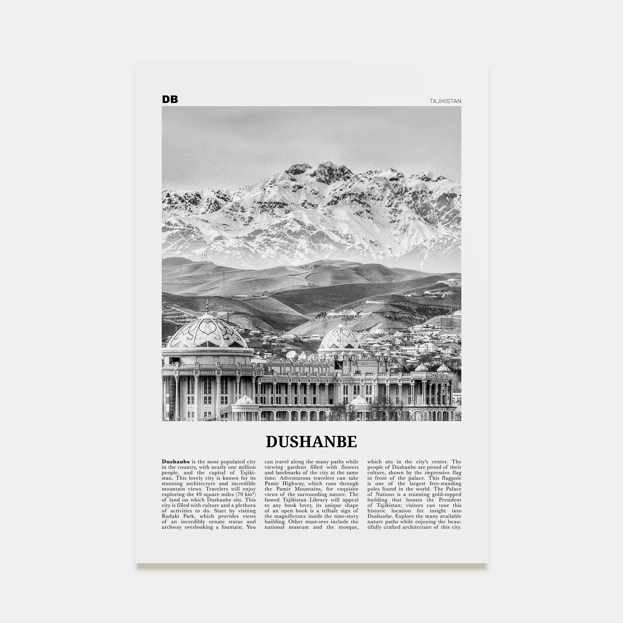Dushanbe Travel B&W Poster