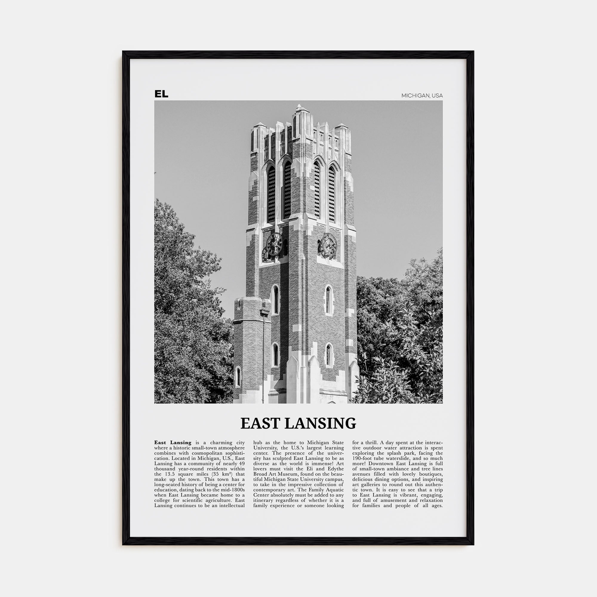 East Lansing Travel B&W Poster