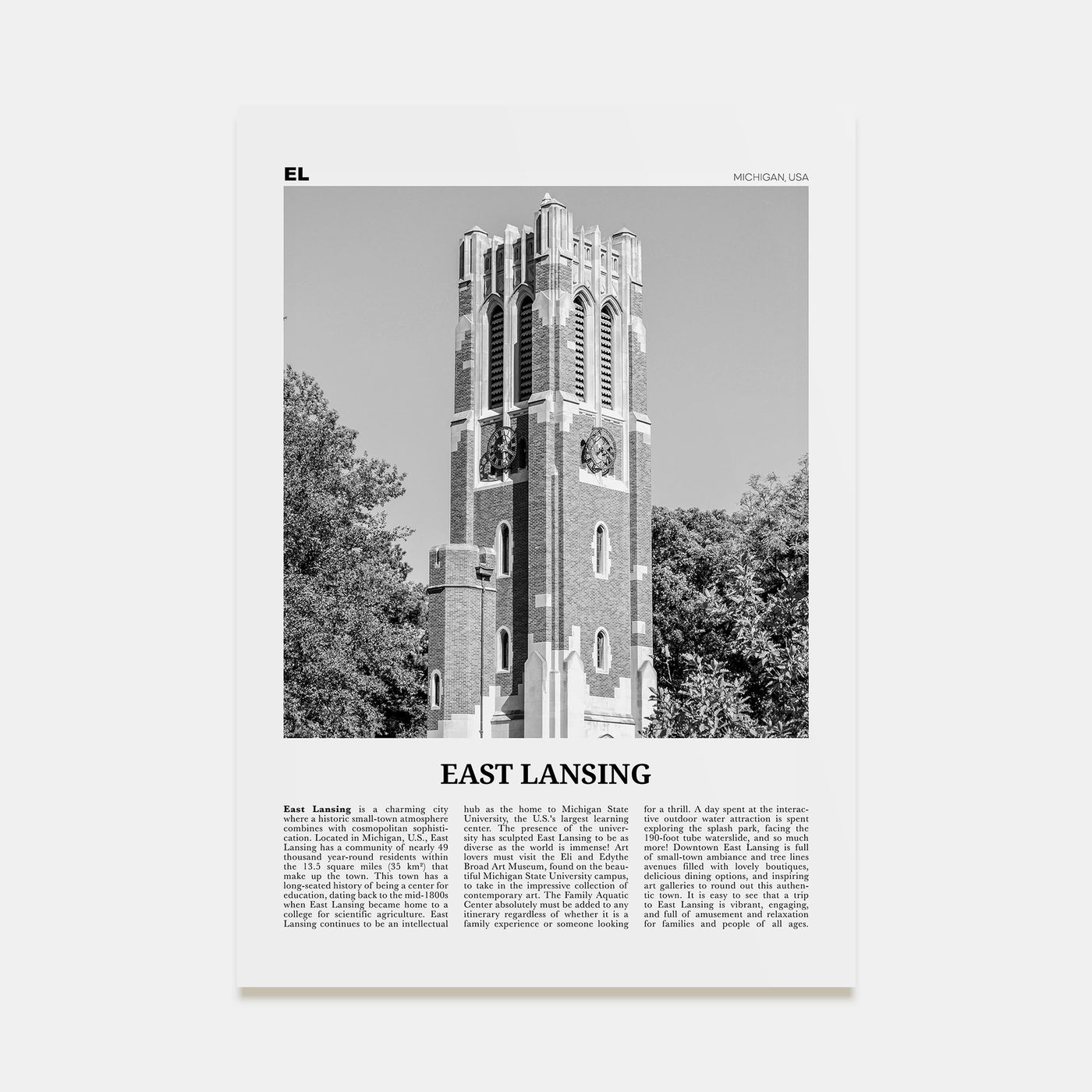 East Lansing Travel B&W Poster