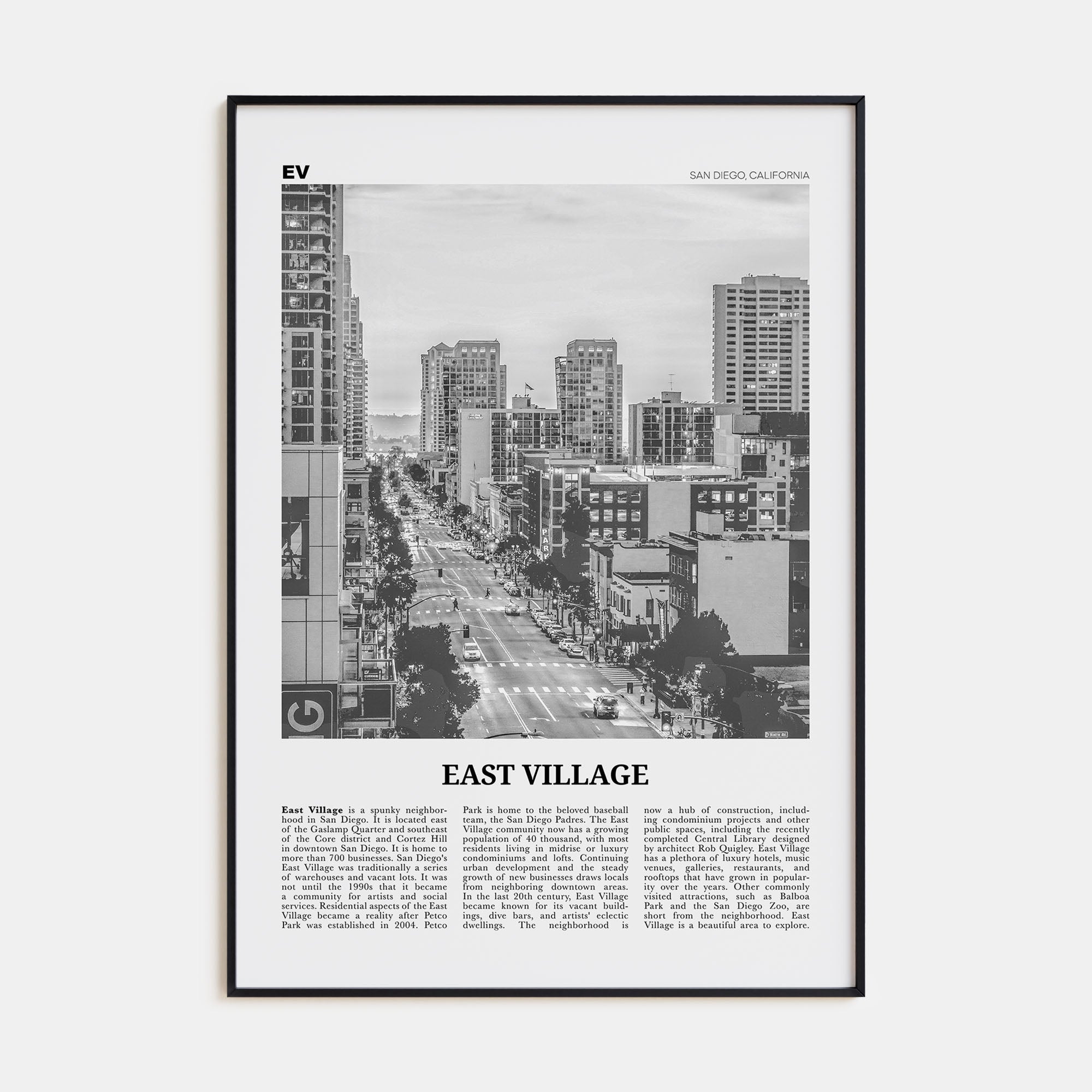 East Village, San Diego Travel B&W Poster