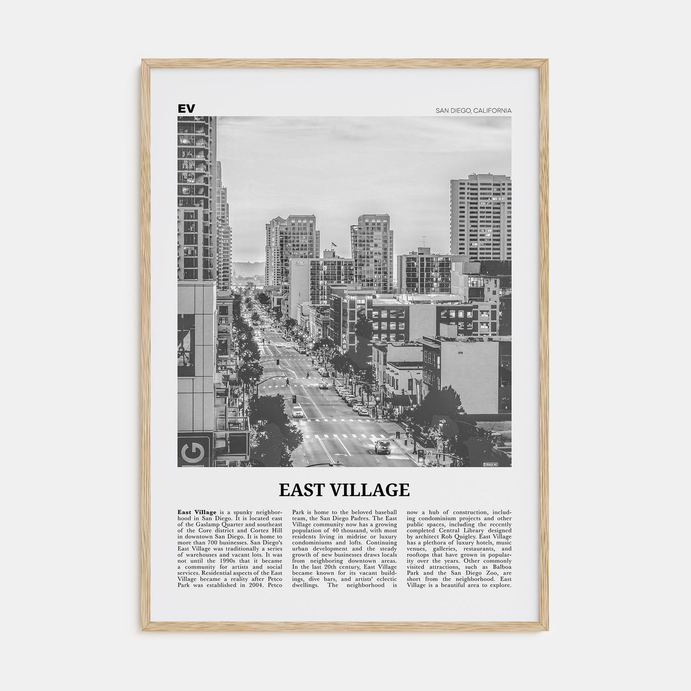 East Village, San Diego Travel B&W Poster
