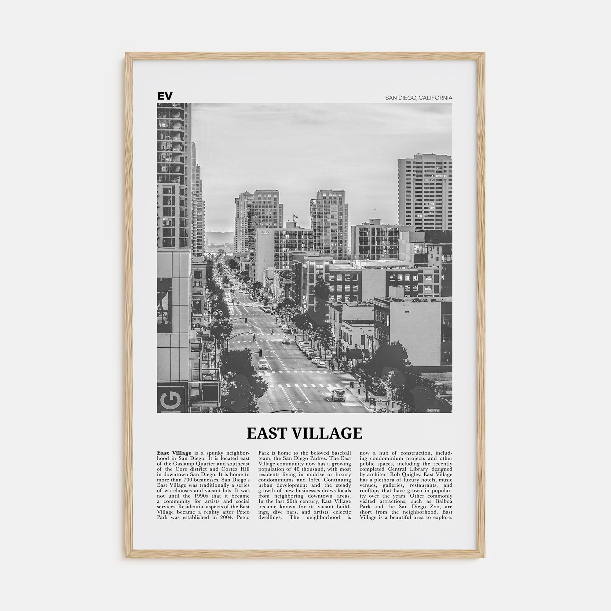 East Village, San Diego Travel B&W Poster