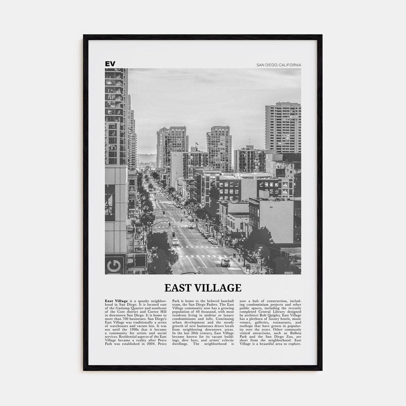 East Village, San Diego Travel B&W Poster