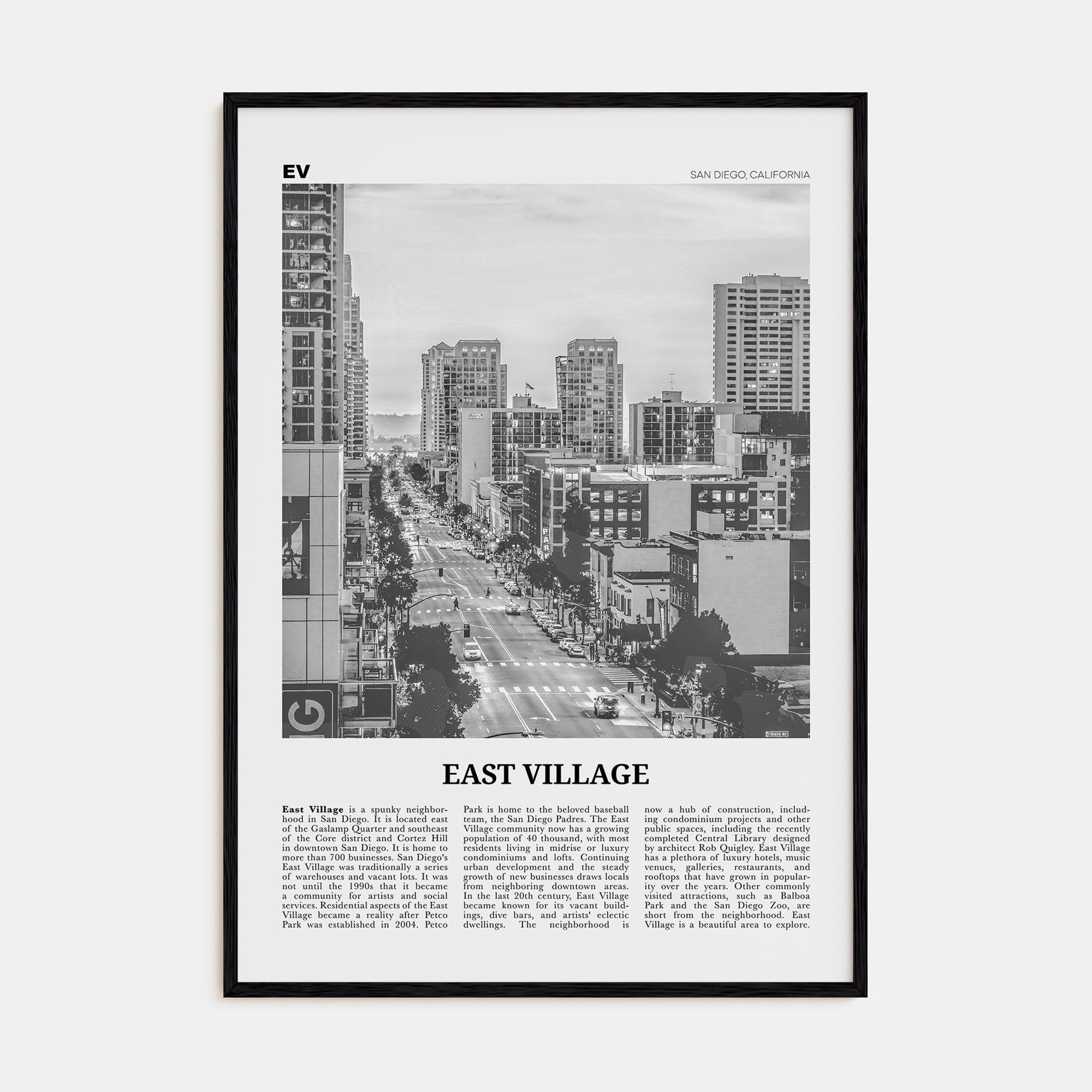 East Village, San Diego Travel B&W Poster