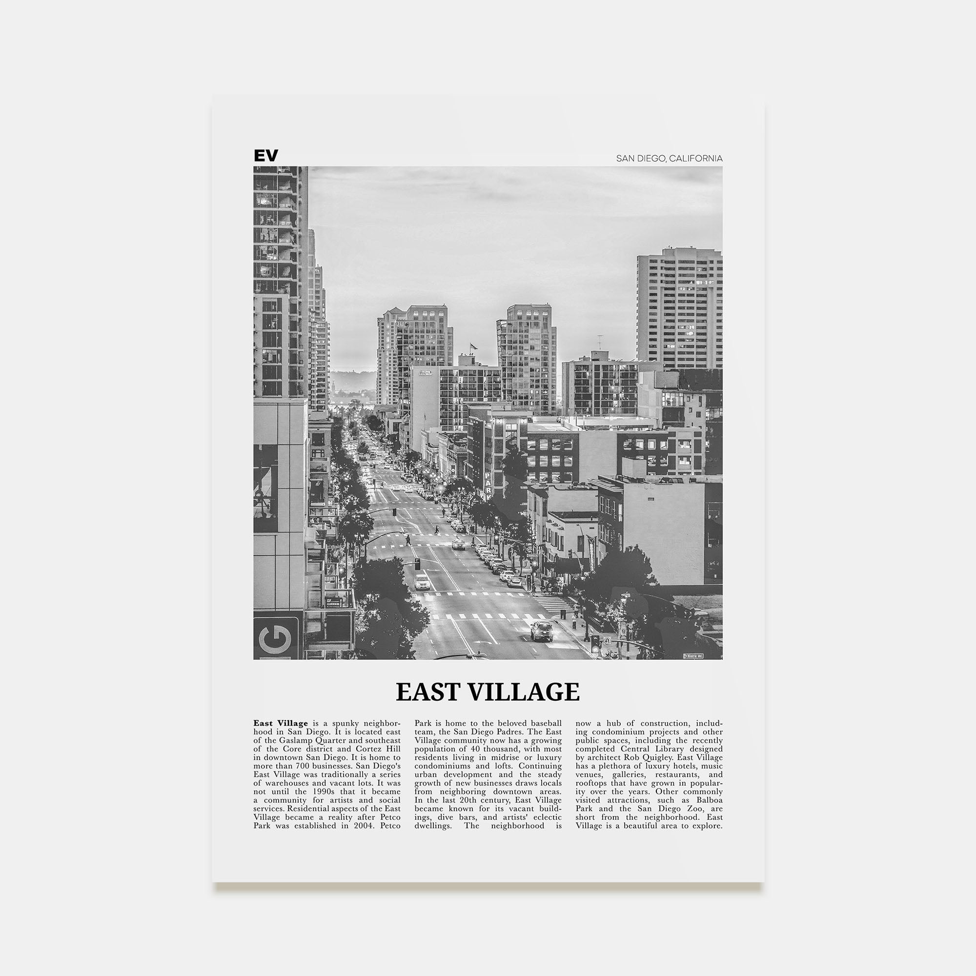 East Village, San Diego Travel B&W Poster