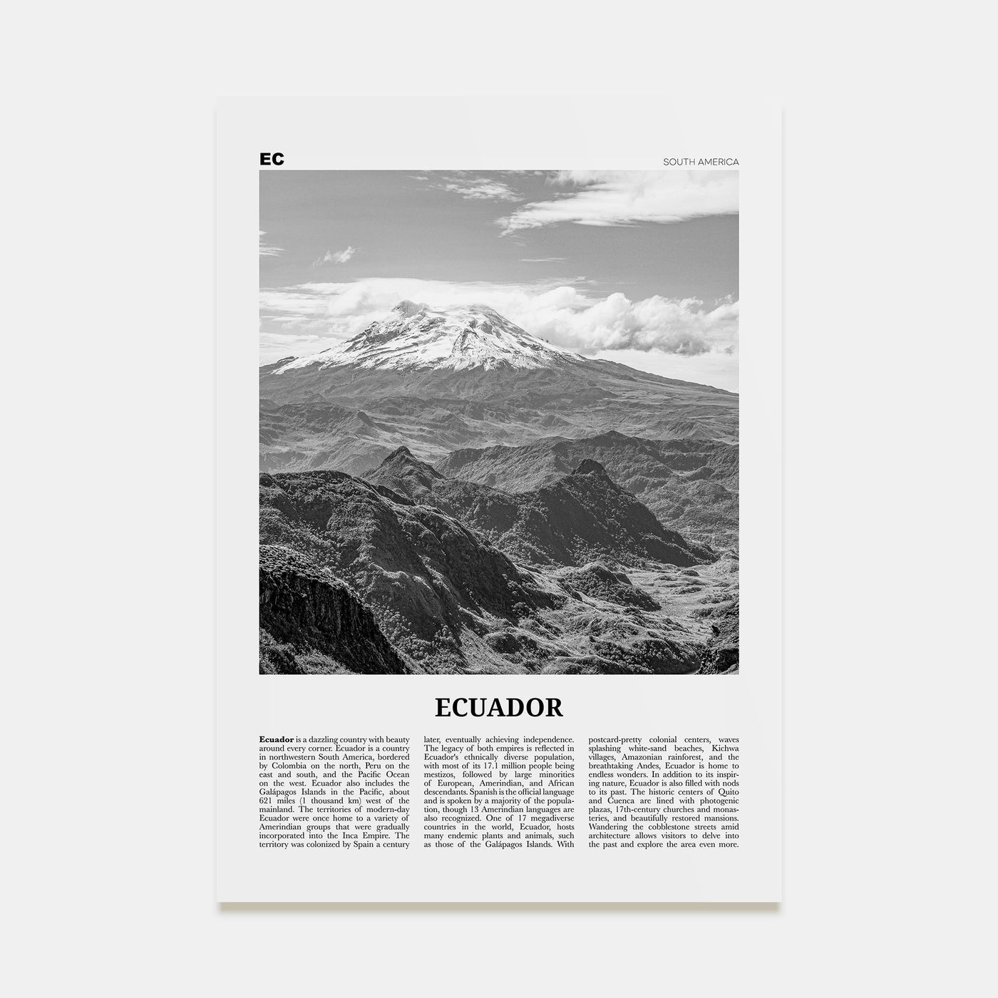 Ecuador Travel B&W No 2 Poster