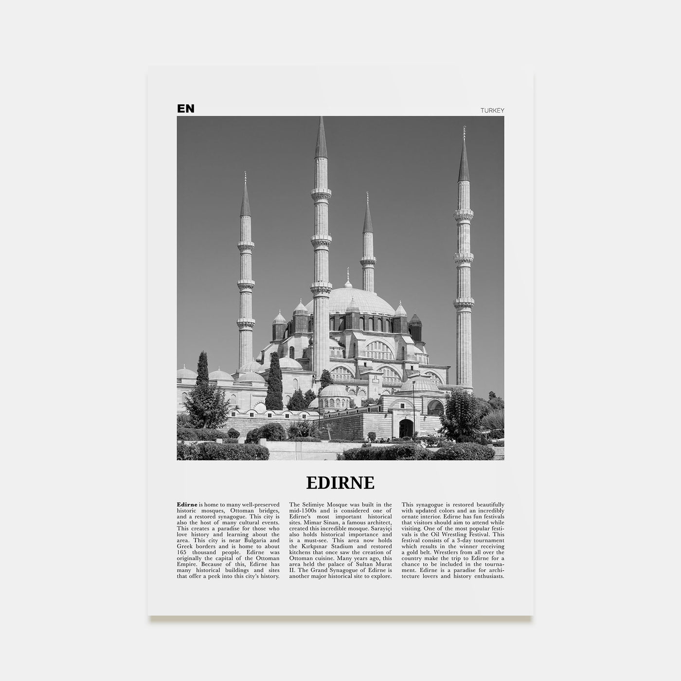 Edirne Travel B&W Poster
