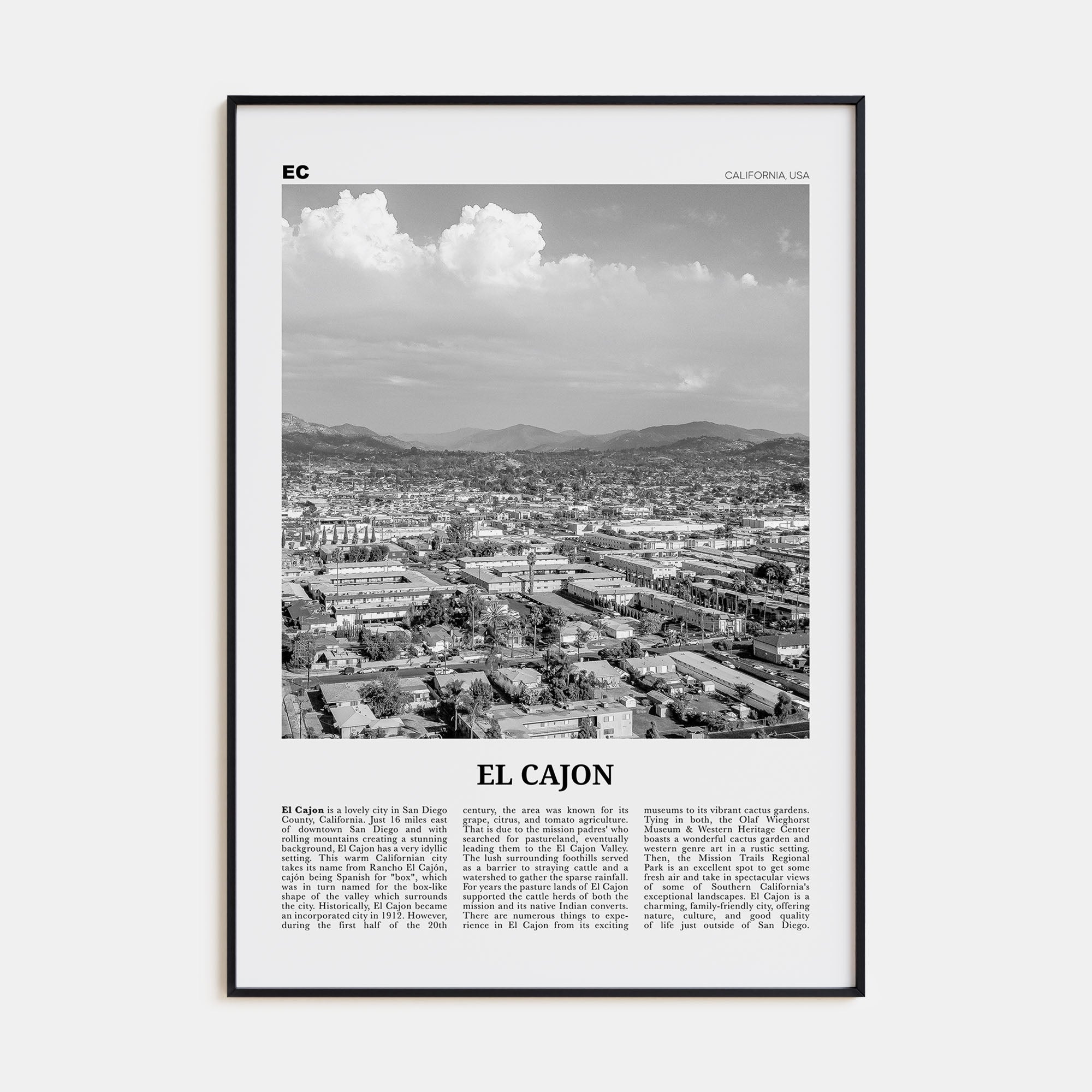 El Cajon Travel B&W Poster