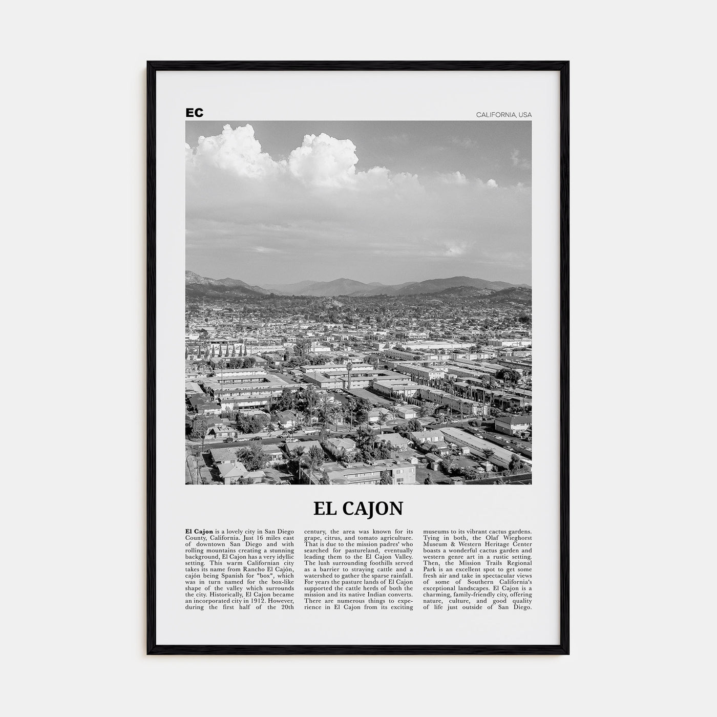 El Cajon Travel B&W Poster