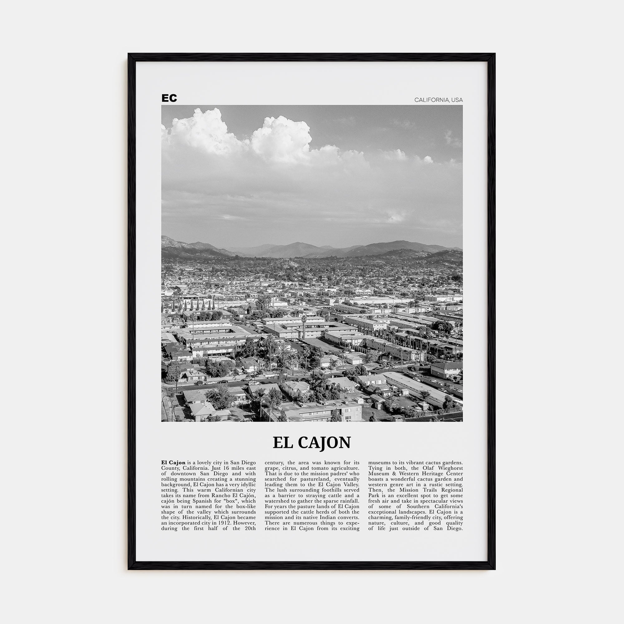 El Cajon Travel B&W Poster