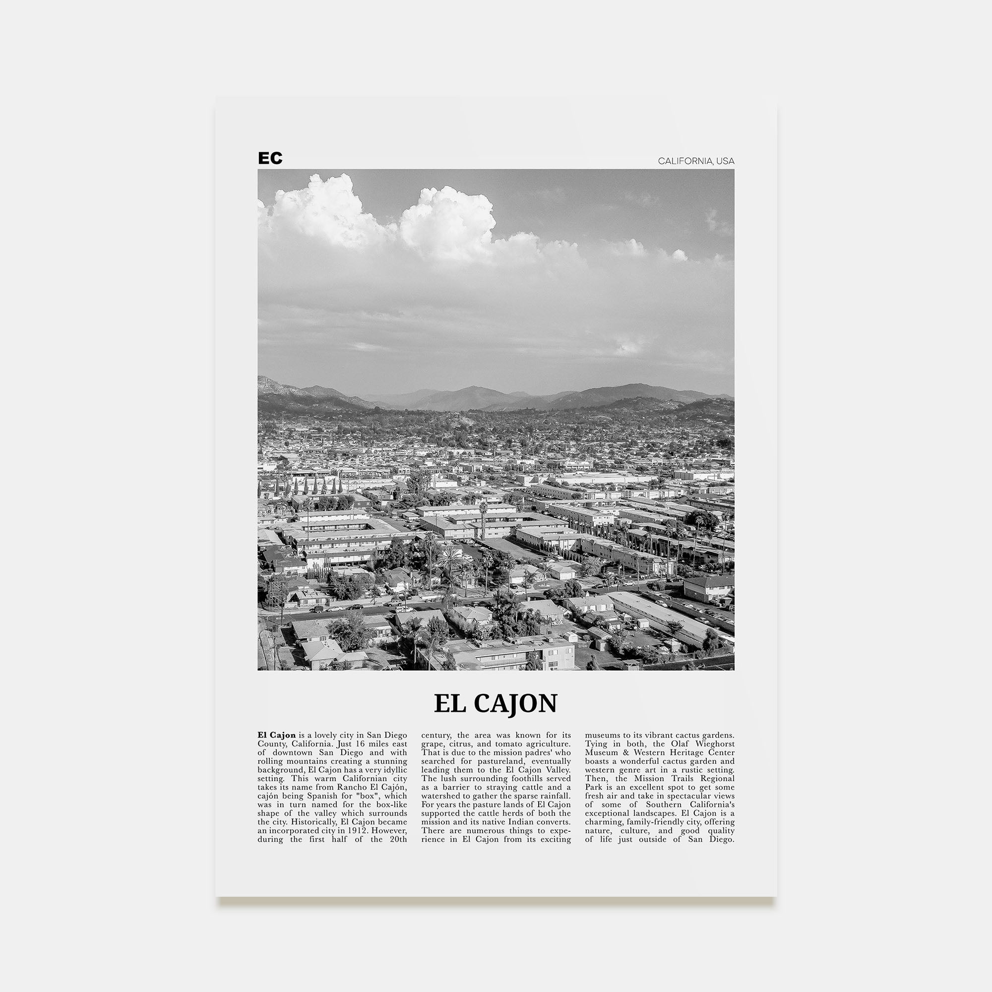 El Cajon Travel B&W Poster