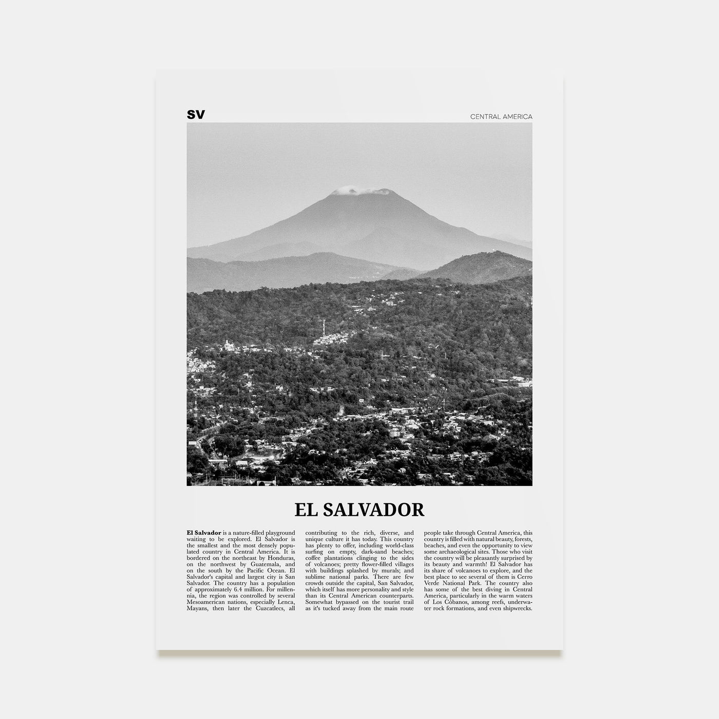 El Salvador Travel B&W No 1 Poster