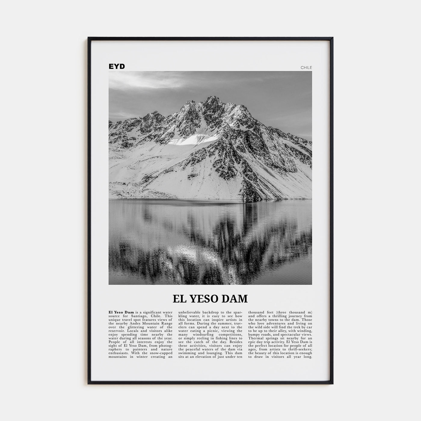 El Yeso Dam Travel B&W Poster