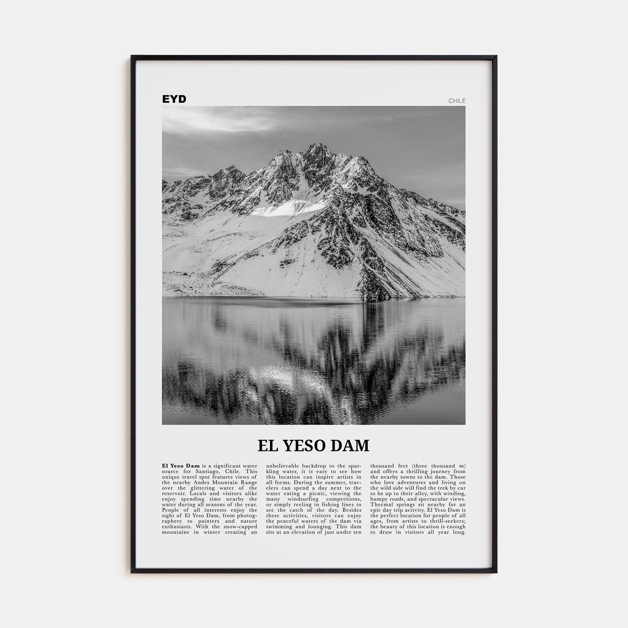 El Yeso Dam Travel B&W Poster