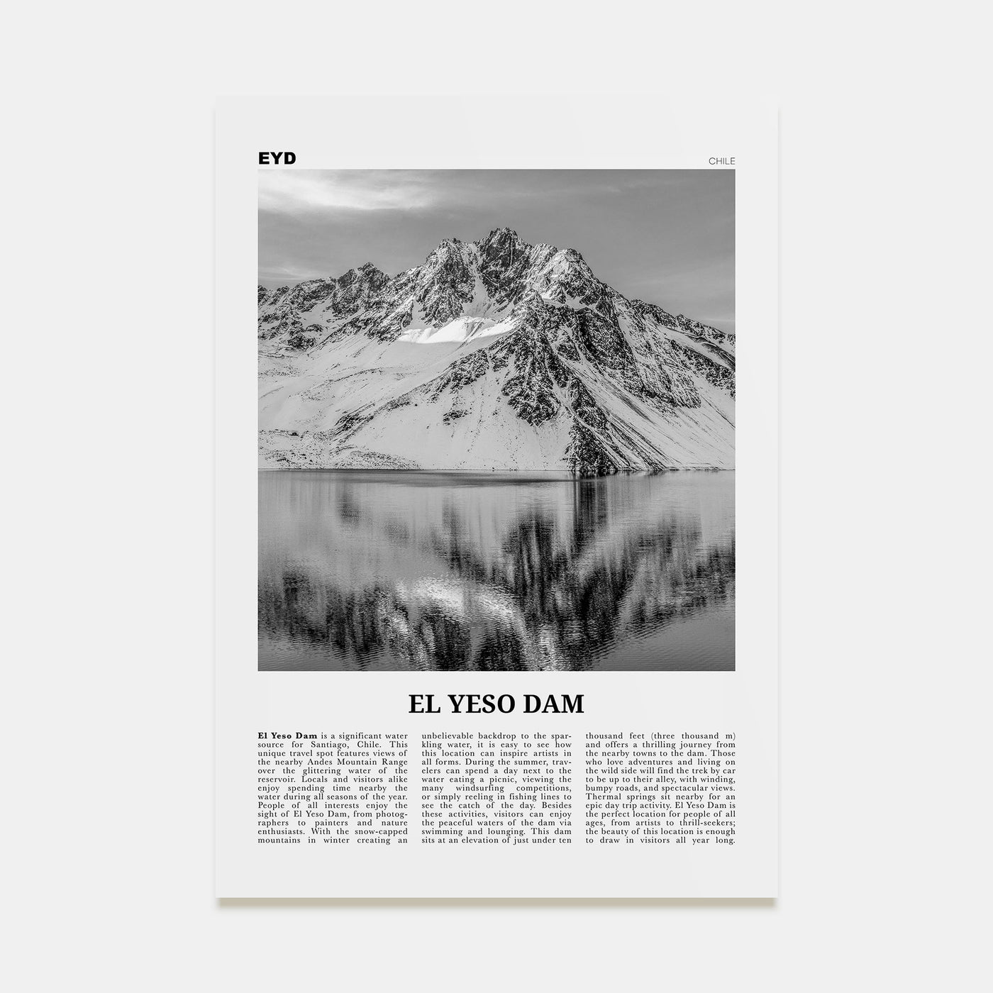 El Yeso Dam Travel B&W Poster