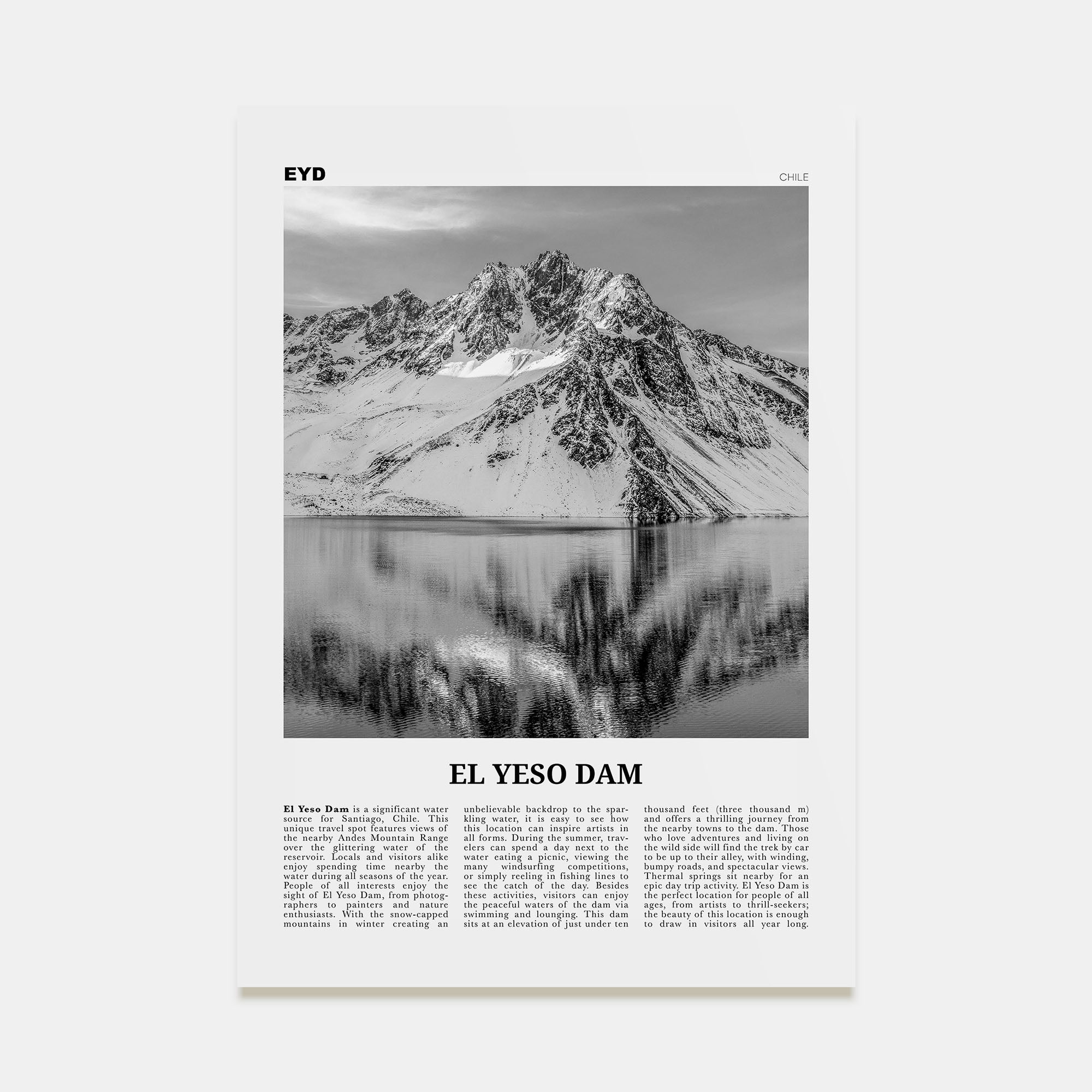 El Yeso Dam Travel B&W Poster