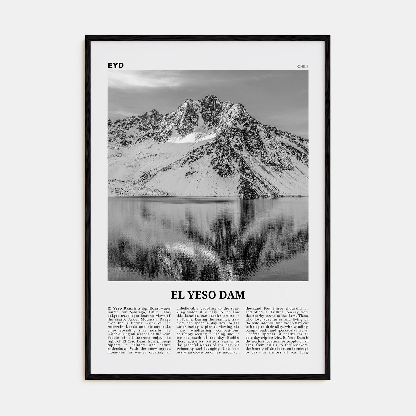 El Yeso Dam Travel B&W Poster