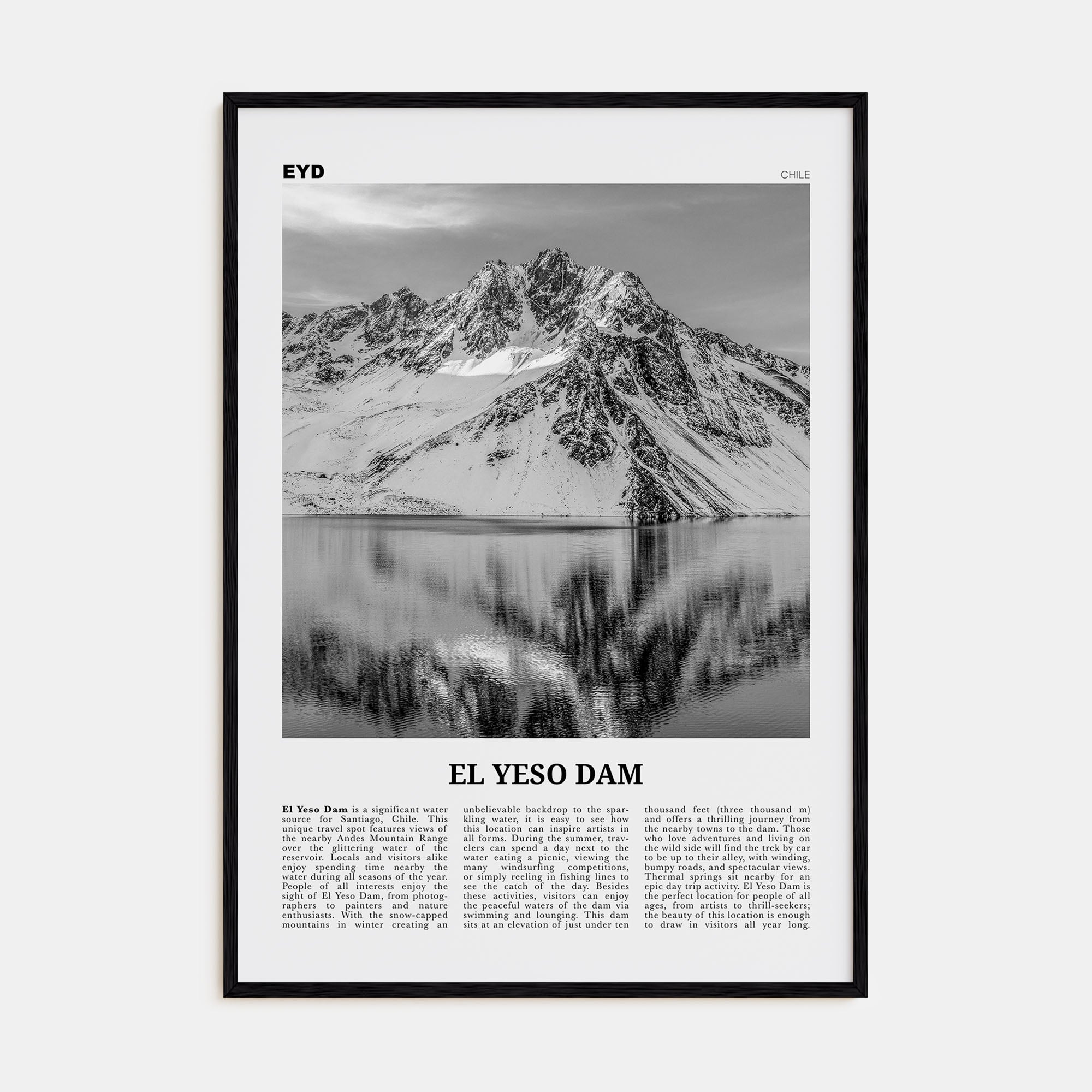 El Yeso Dam Travel B&W Poster