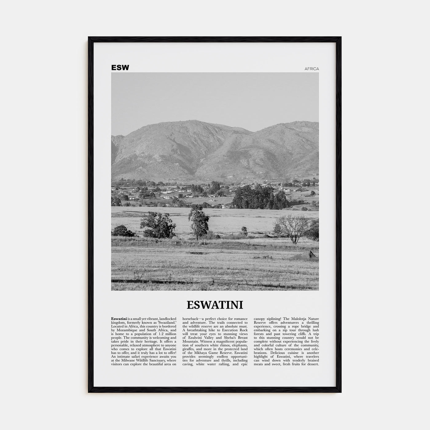 Eswatini Travel B&W Poster