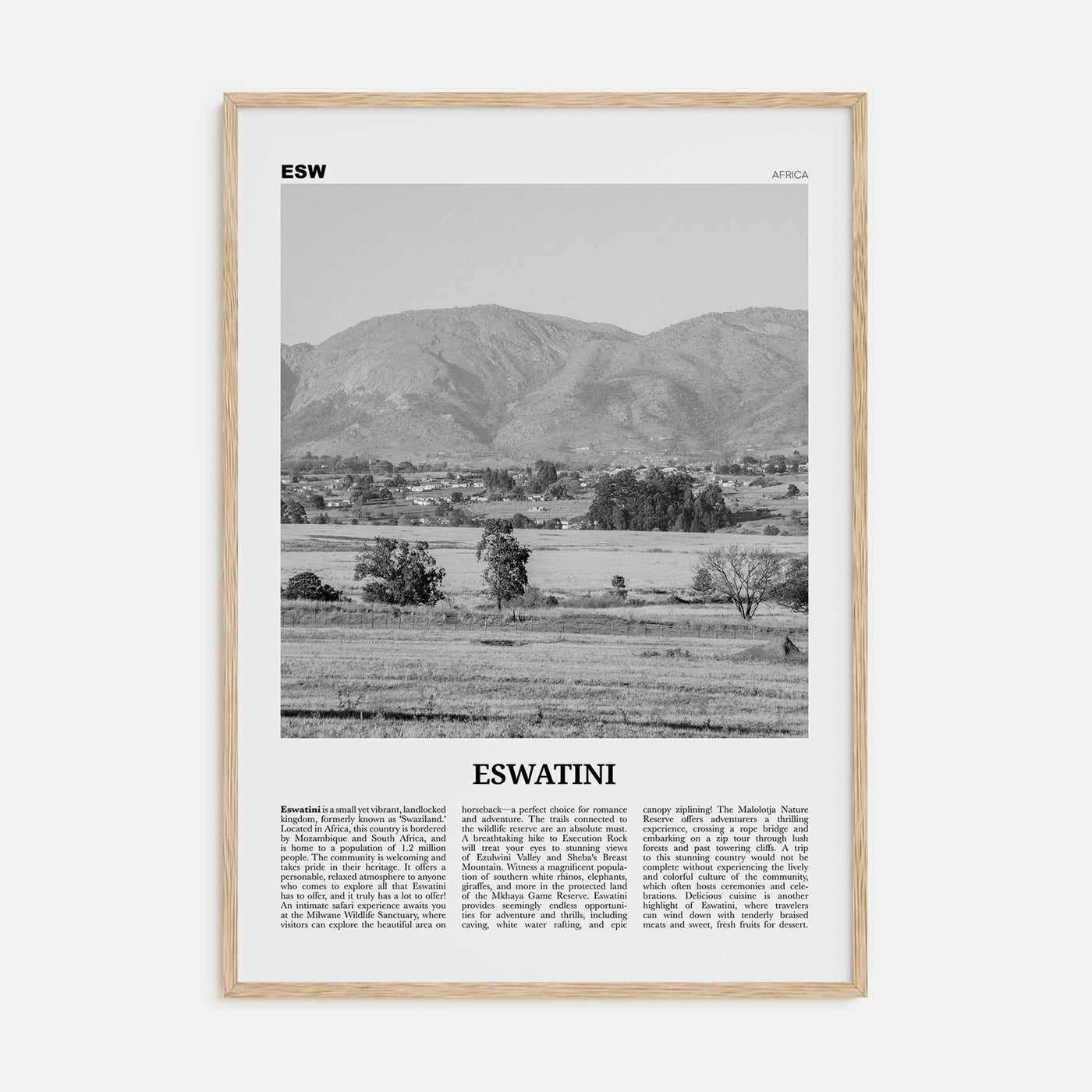 Eswatini Travel B&W Poster
