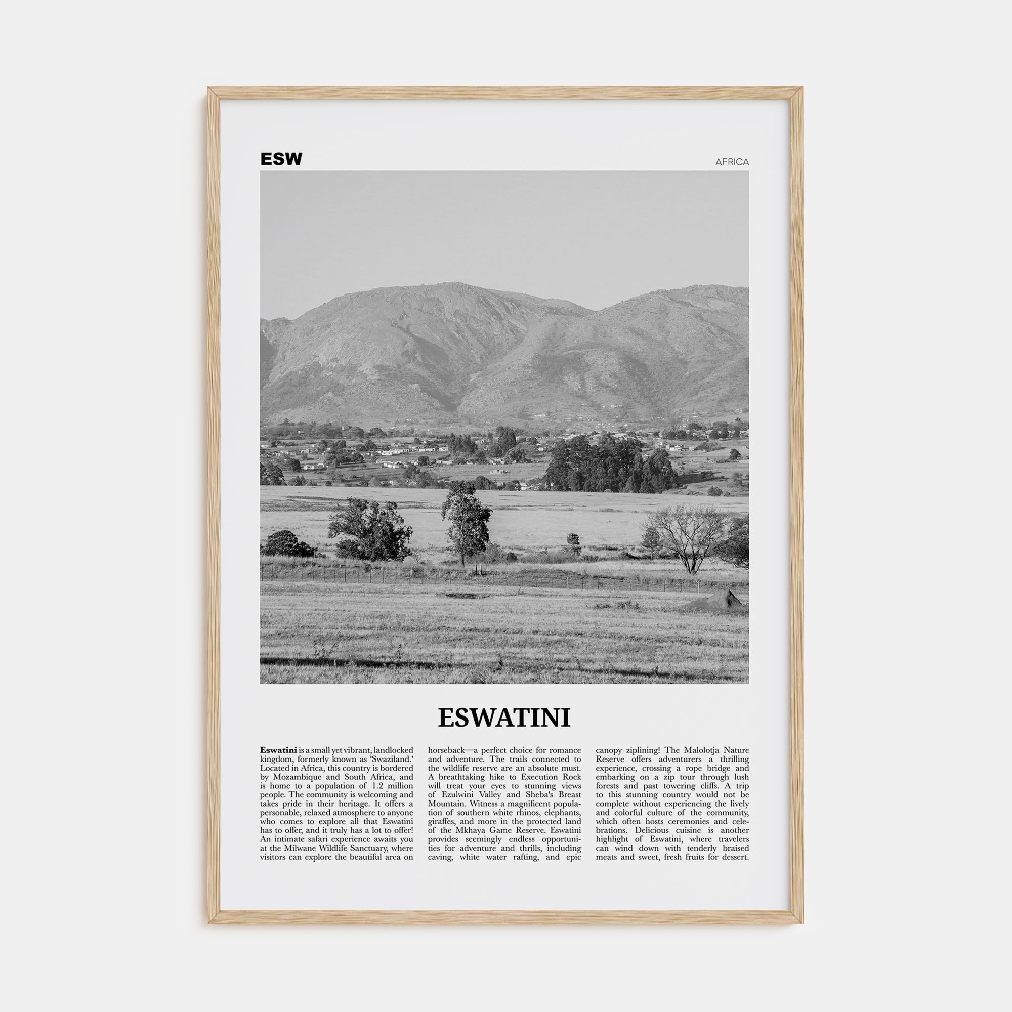 Eswatini Travel B&W Poster