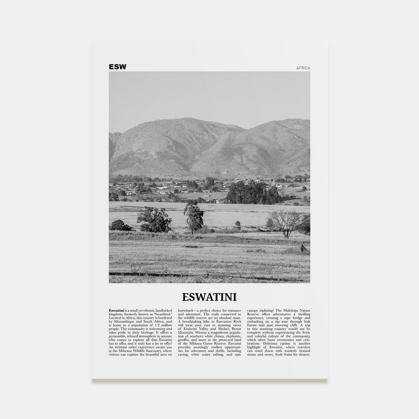 Eswatini Travel B&W Poster