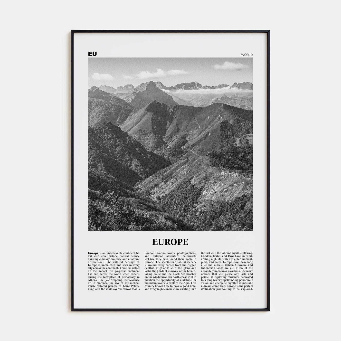 Europe Travel B&W Poster