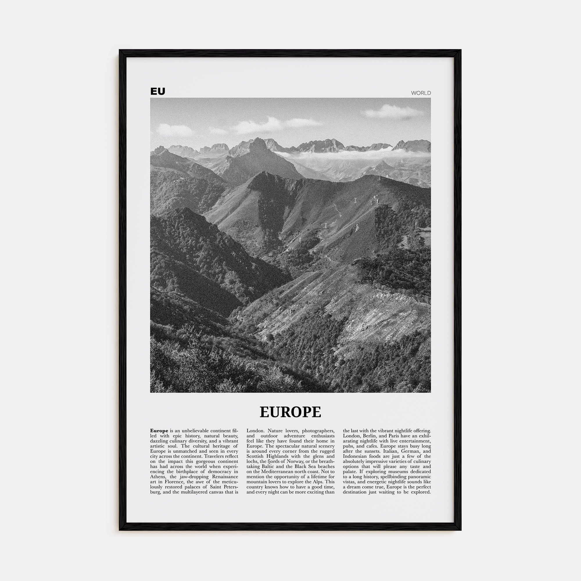 Europe Travel B&W Poster