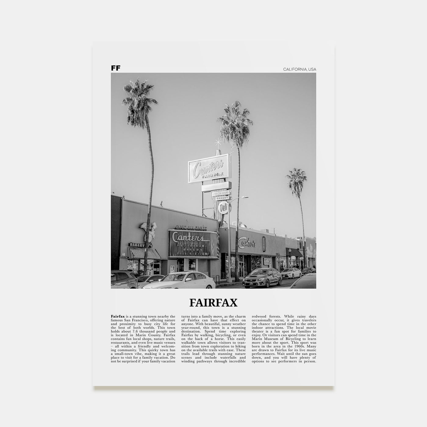 Fairfax, California Travel B&W Poster